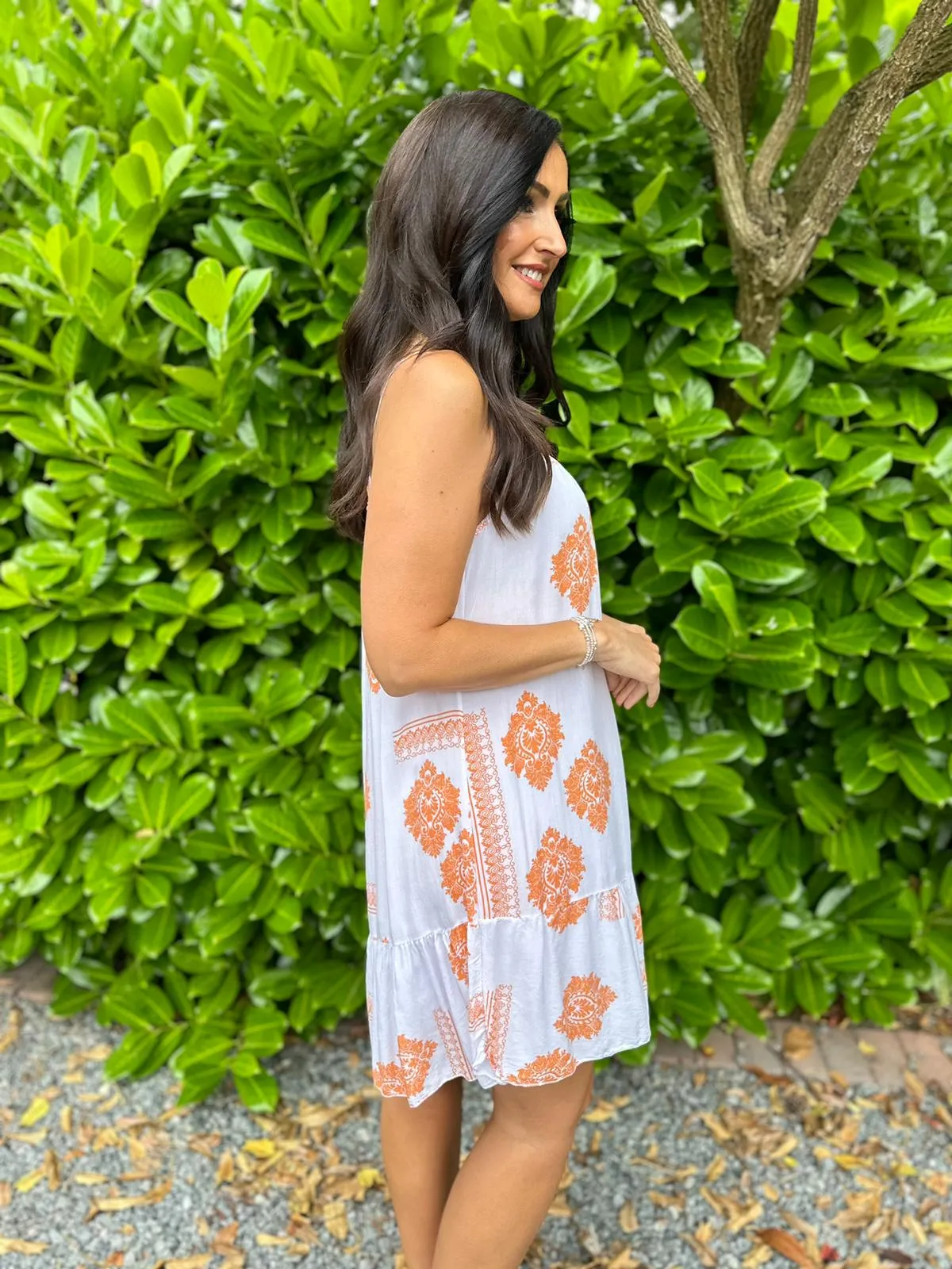 Orange Damask Pattern Strappy Dress Thea