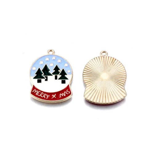 Pendants, Christmas Globe With Words Merry X-Mas, Single-Sided, Enameled, Light Gold, Alloy, 23mm