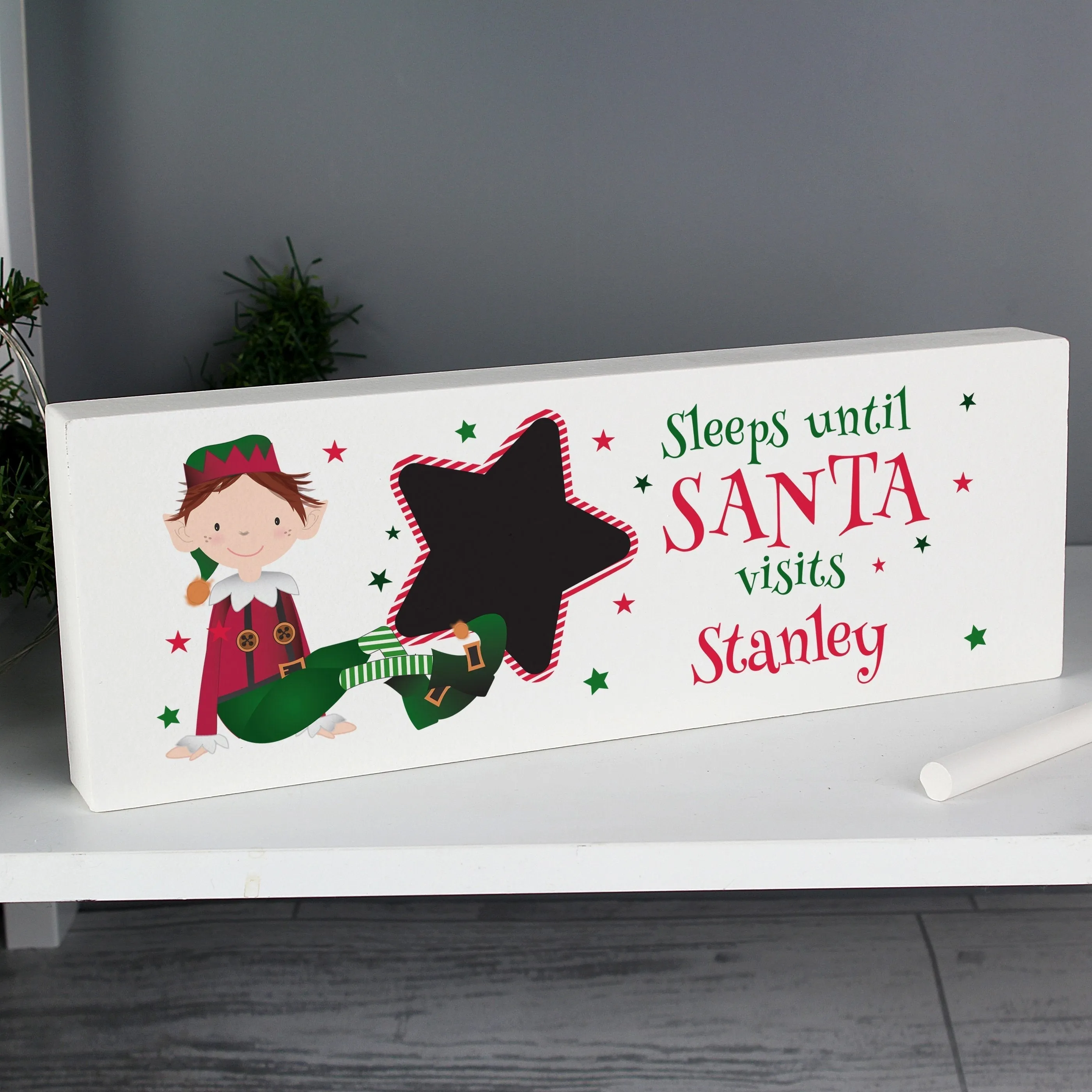 Personalised Elf Christmas Chalk Countdown Wooden Sign