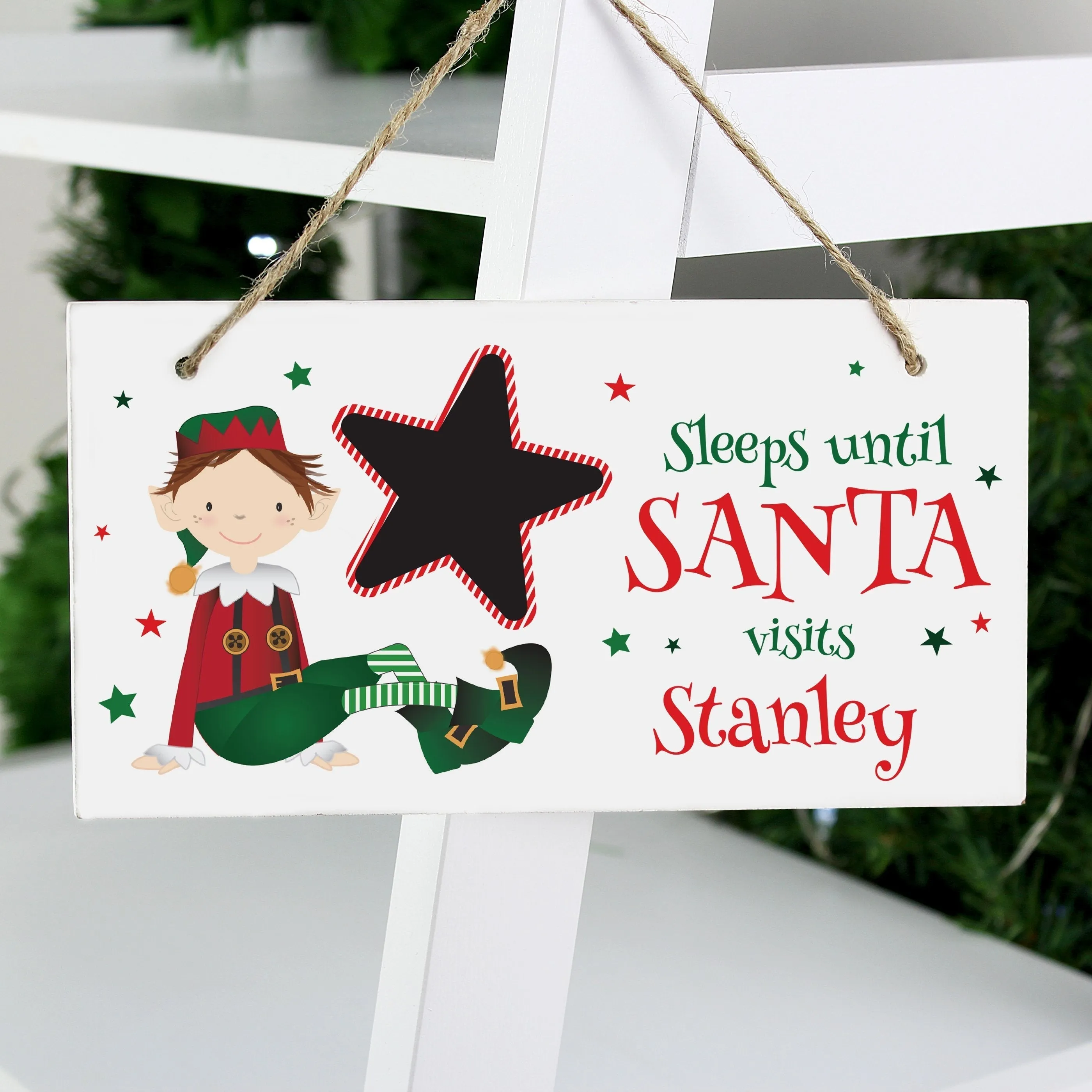 Personalised Elf Christmas Chalk Countdown Wooden Sign