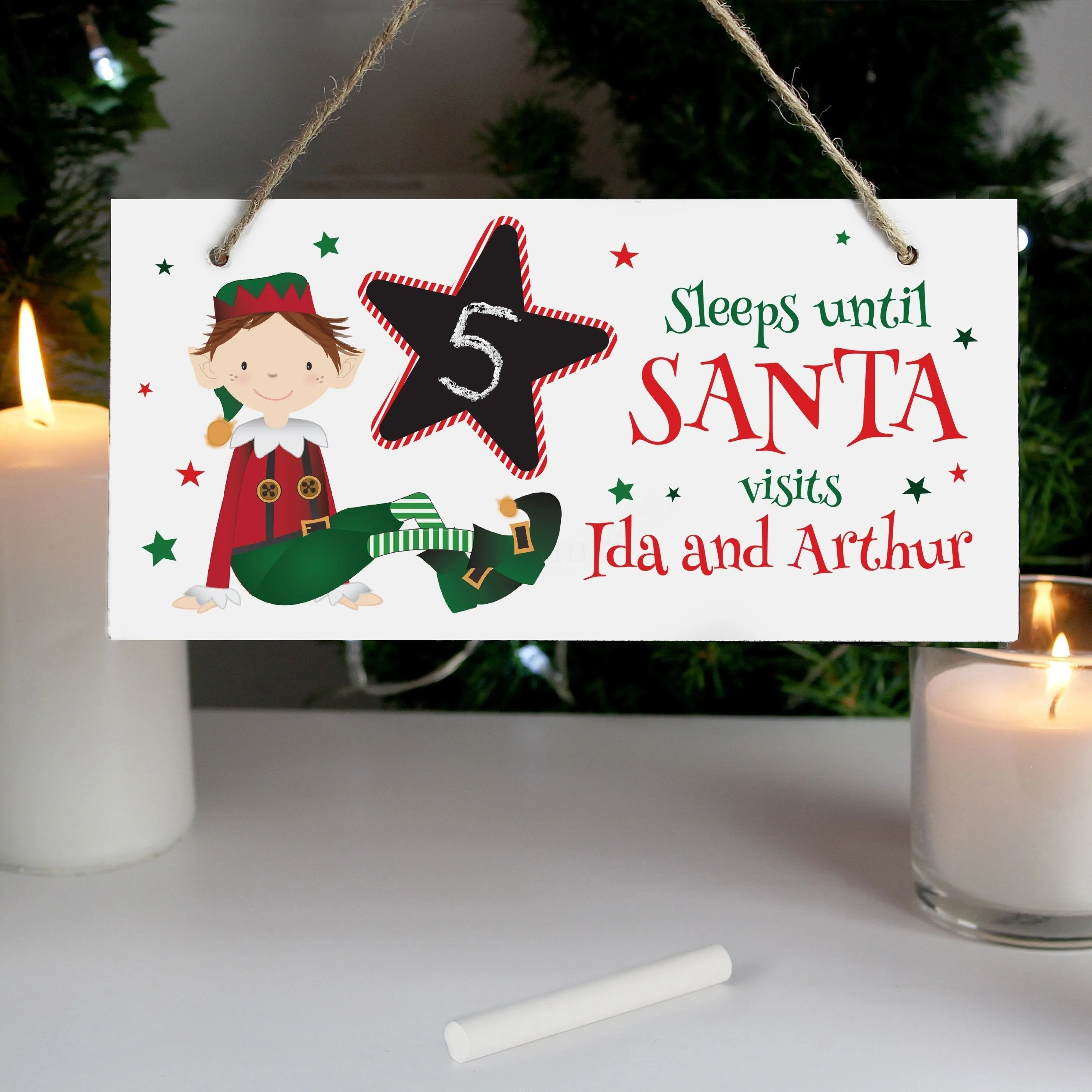 Personalised Elf Christmas Chalk Countdown Wooden Sign