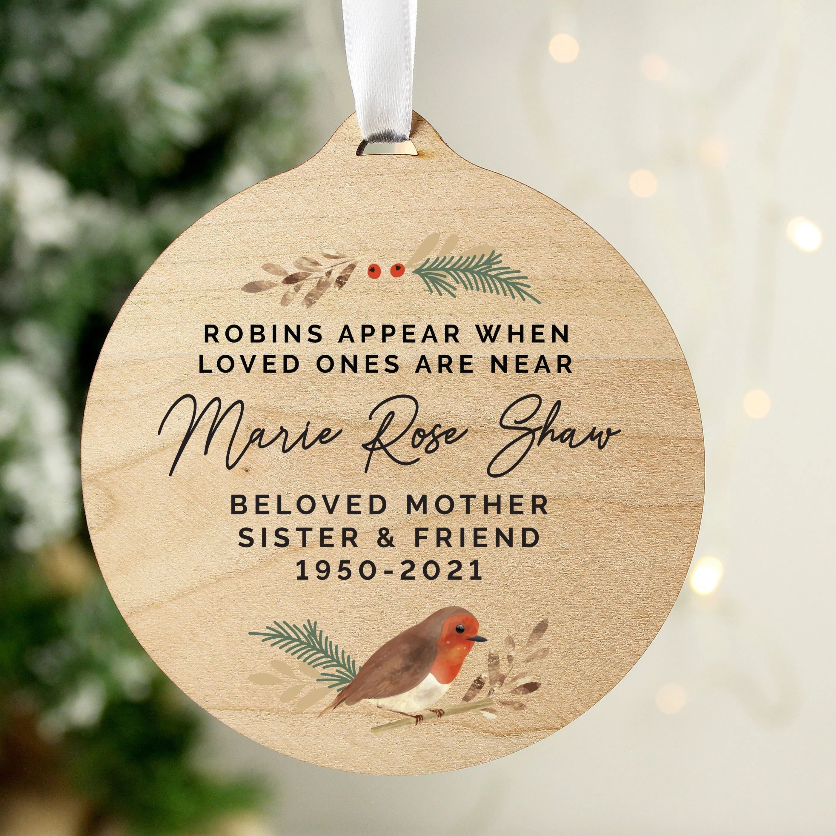 Personalised Robin Memorial Round Wooden Decoration