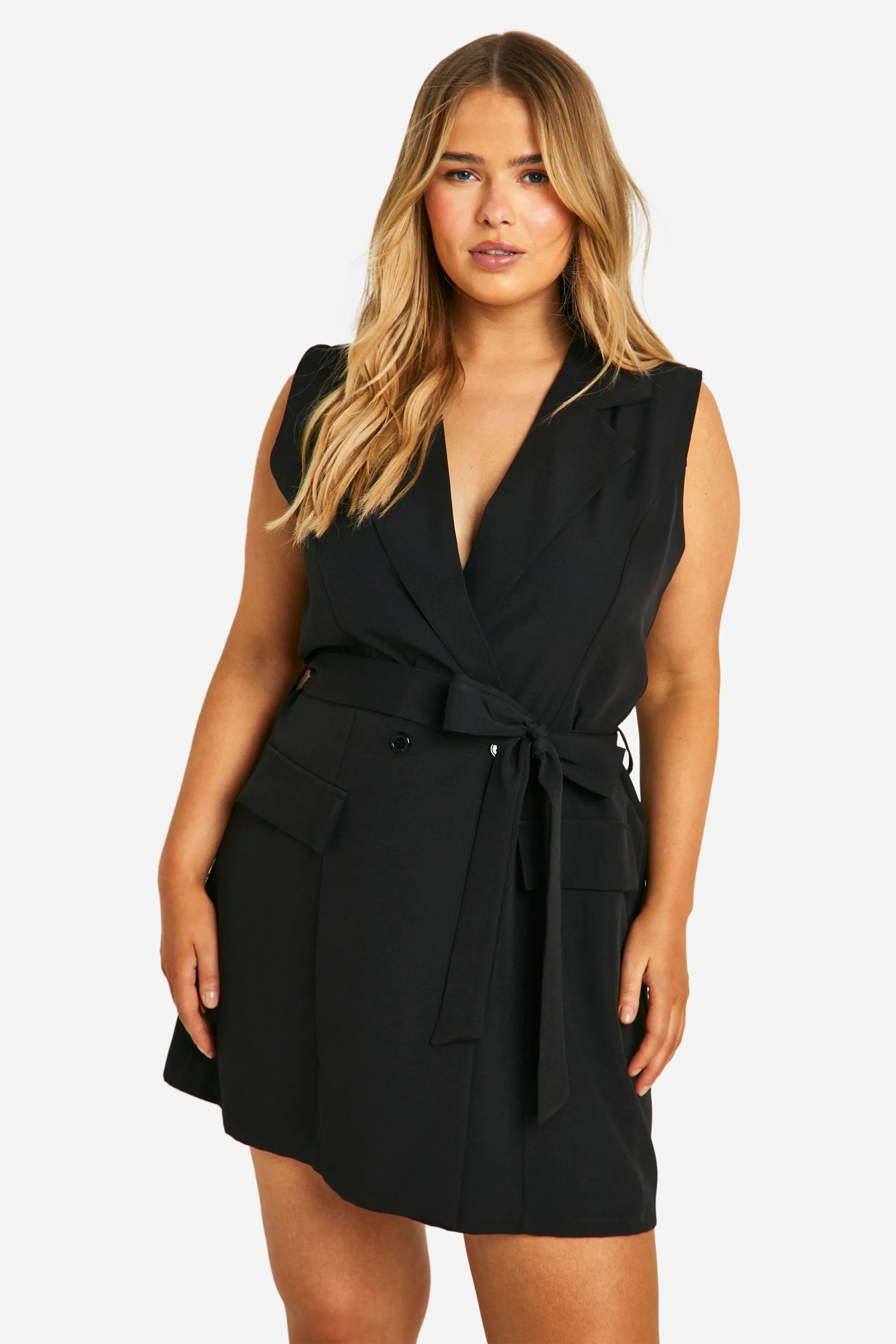 Plus Sleeveless Pocket Detail Blazer Dress