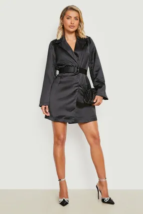 Premium Satin Belted Blazer Dress