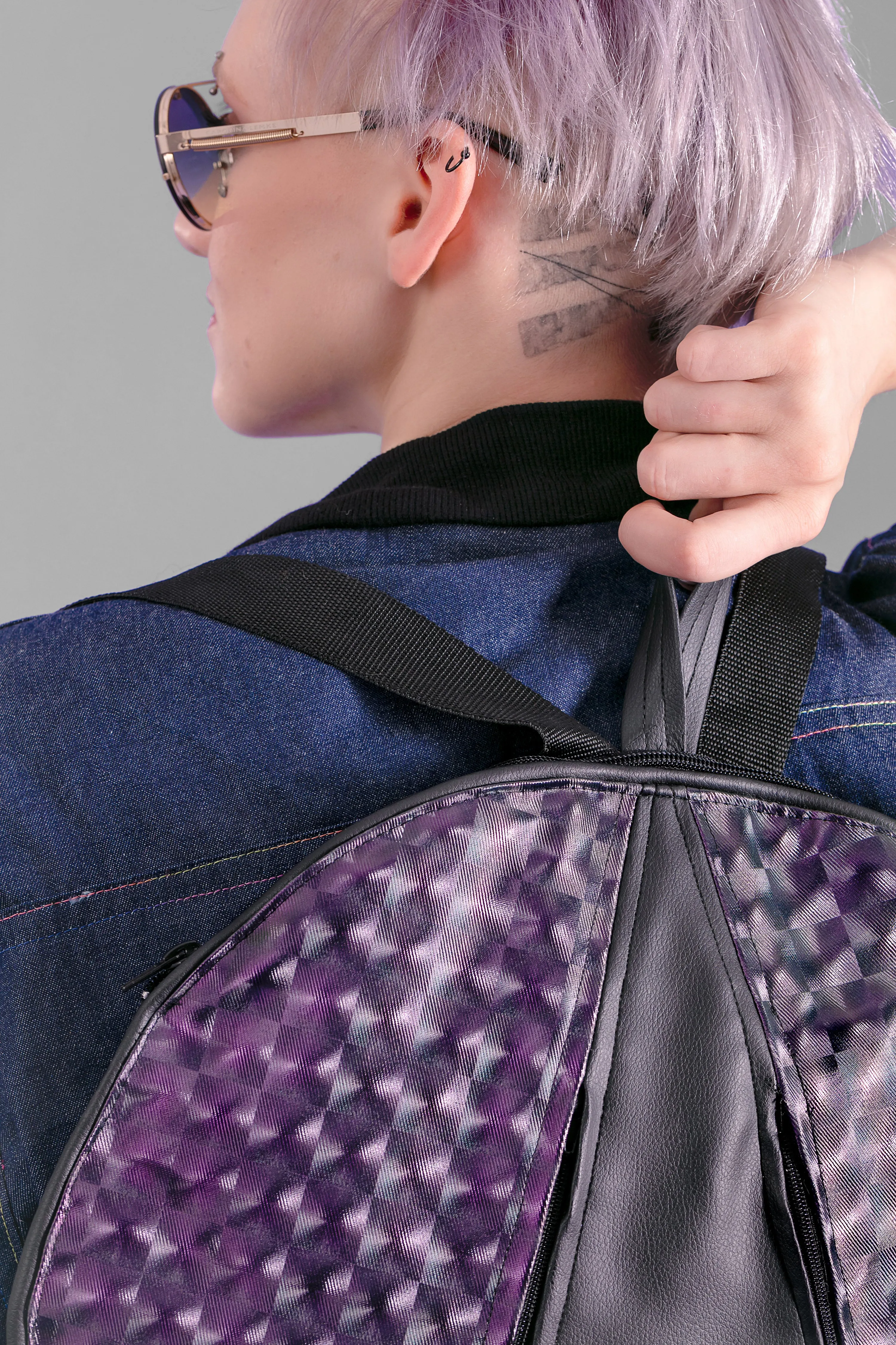 Purple holographic purple vegan leather round backpack