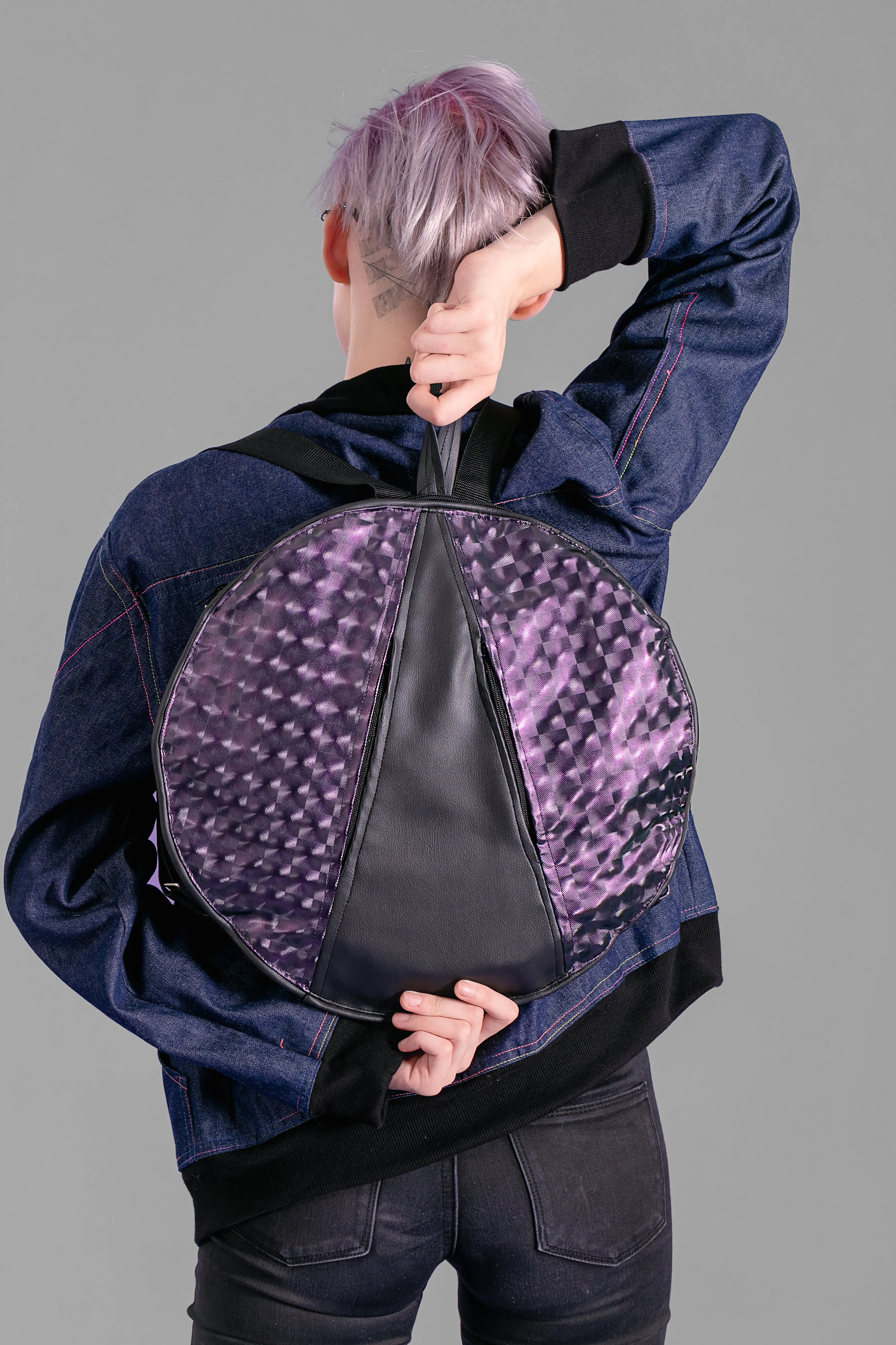 Purple holographic purple vegan leather round backpack