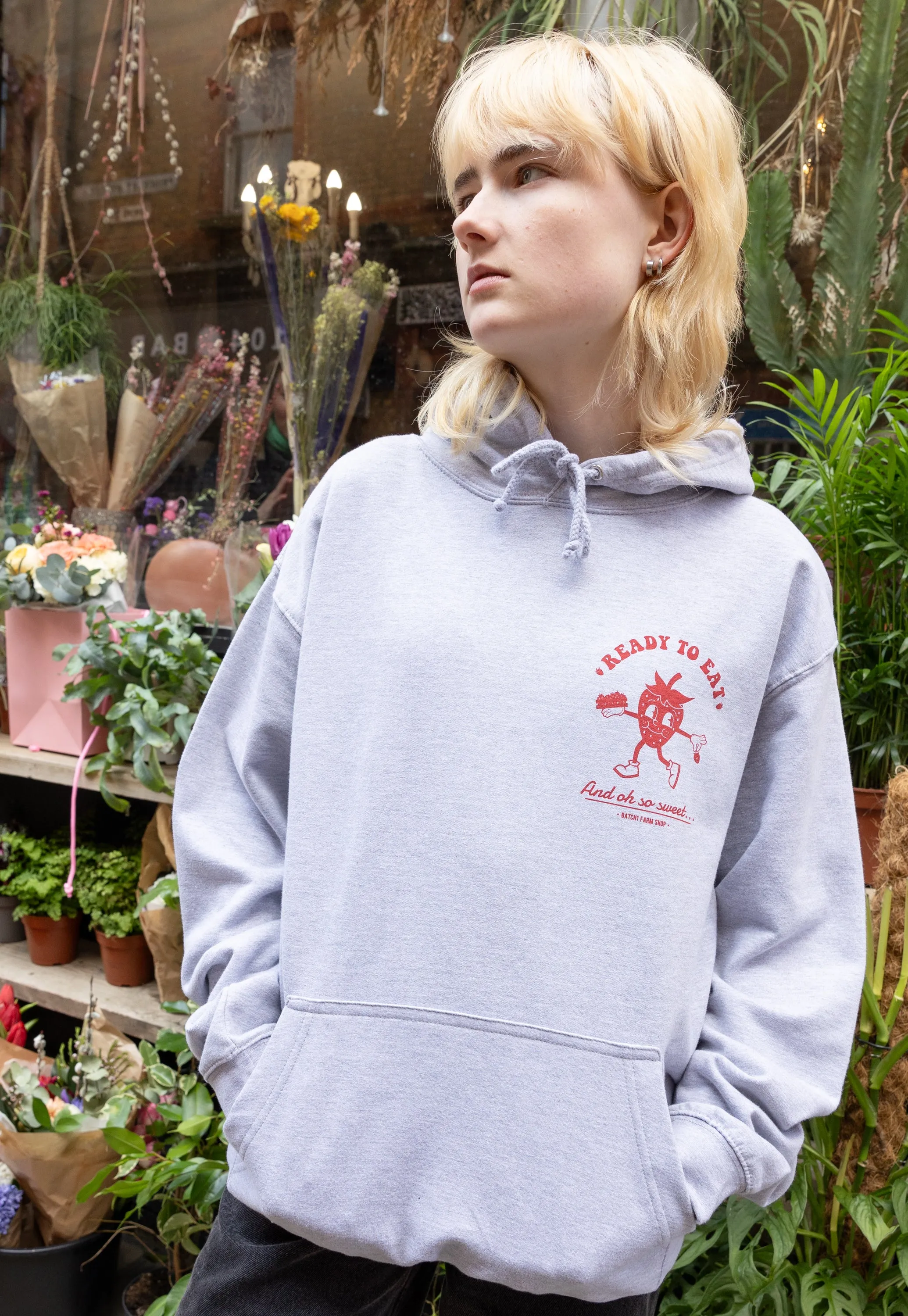 Ready To Eat Strawberry Graphic Hoodie in Grey