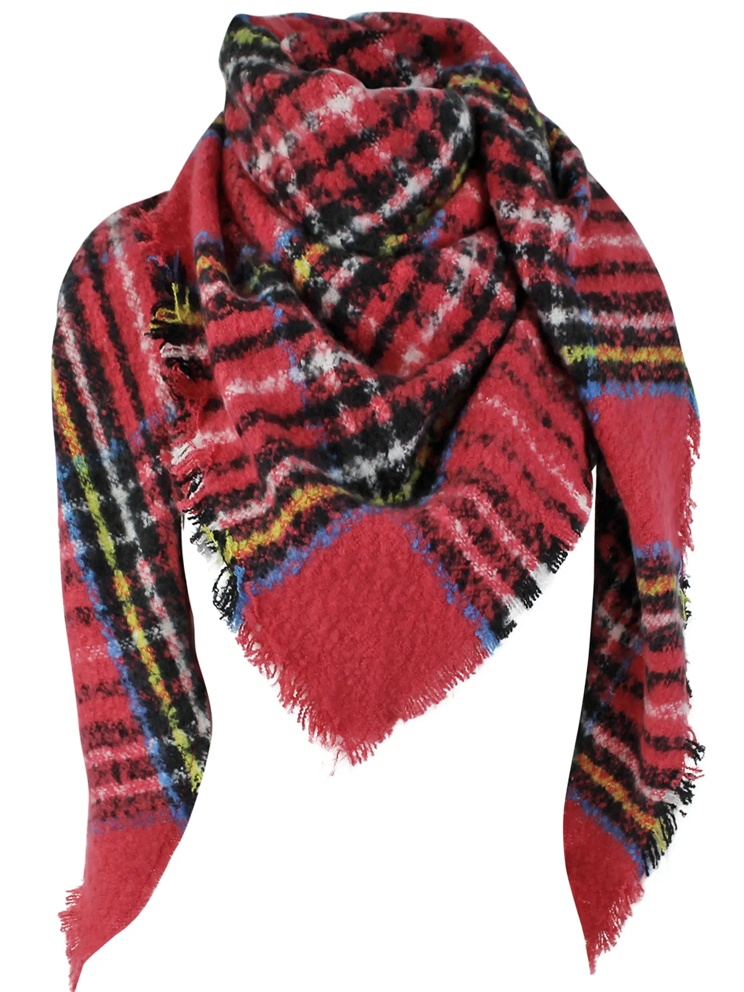 Red Plaid Soft Plush Triangle Scarf With Fringe