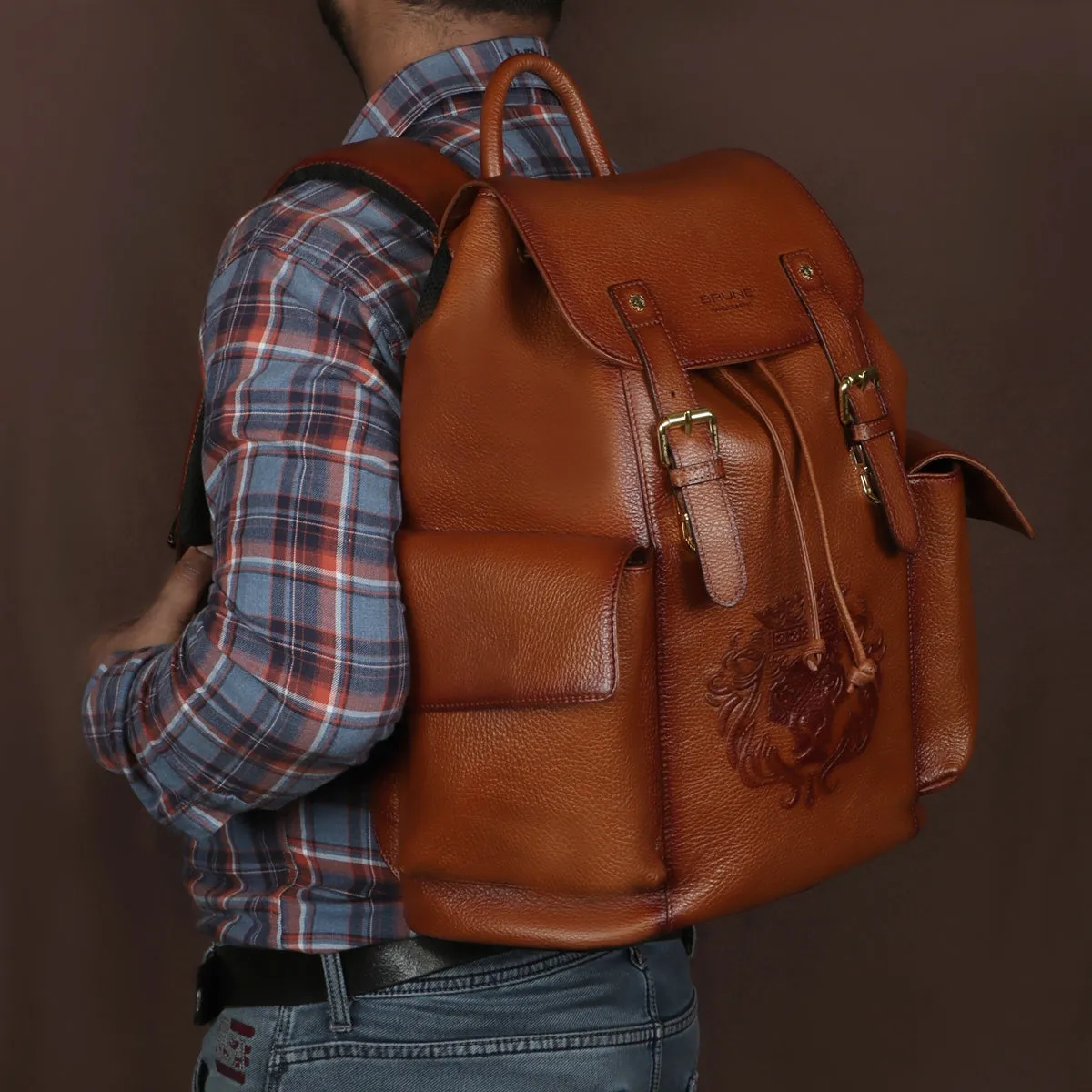 Rugsack Tan Textured Leather Backpack with Buckle Strap Flap Closure