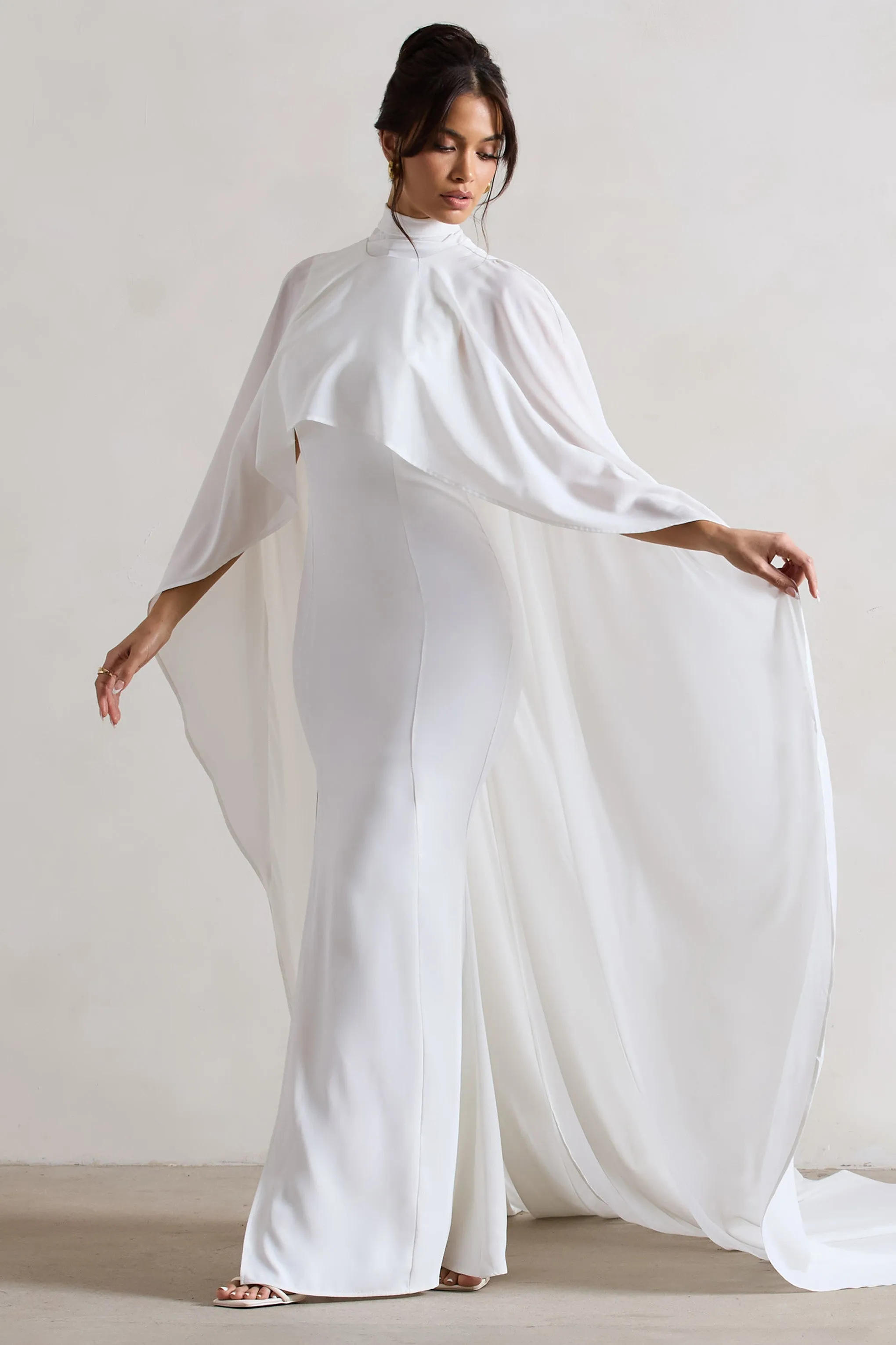 Saint | Cream Fishtail Split Maxi Dress With Chiffon Cape