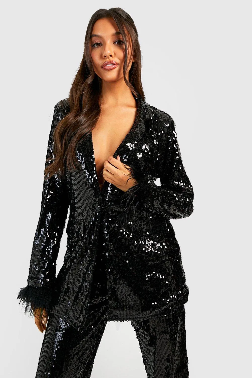 Sequin Feather Trim Tailored Blazer