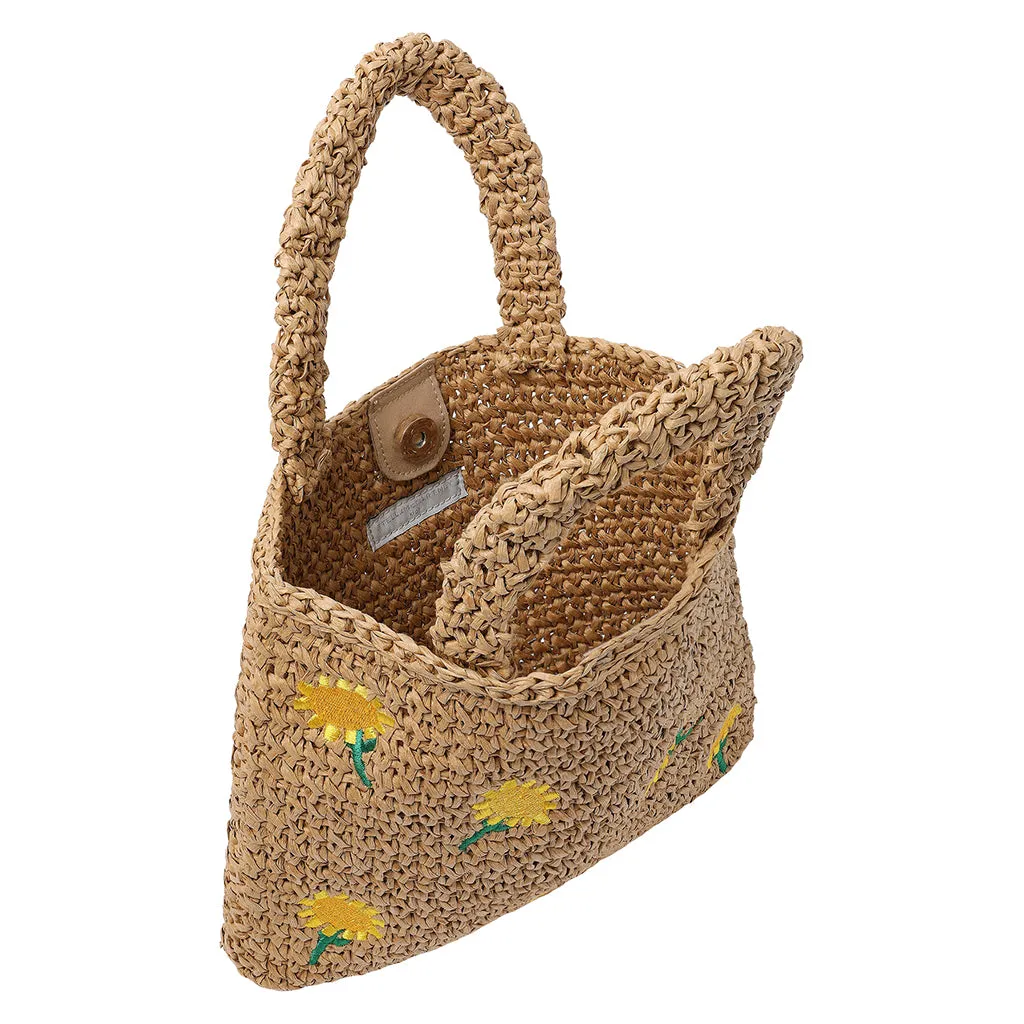 Stella McCartney Child Raffia Tote Bag With Embroidered Sunflowers Beige