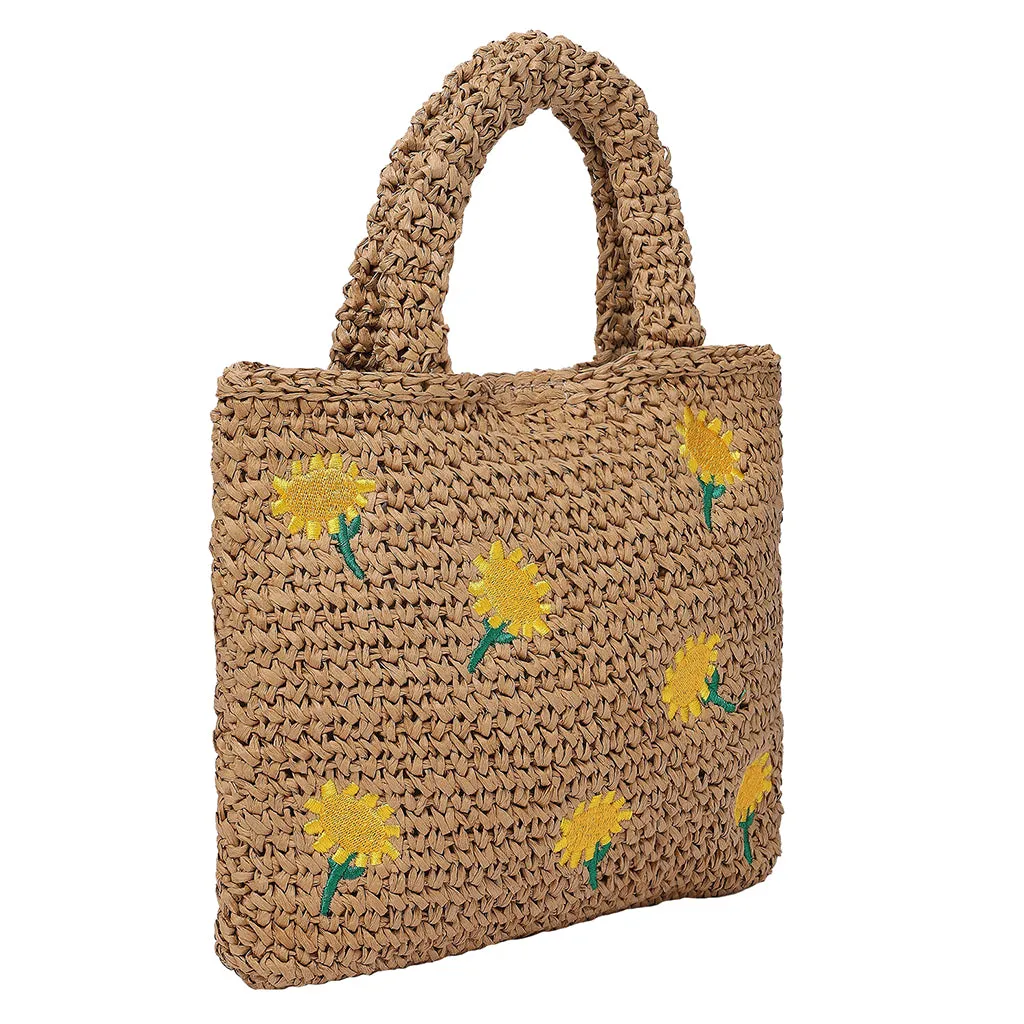 Stella McCartney Child Raffia Tote Bag With Embroidered Sunflowers Beige