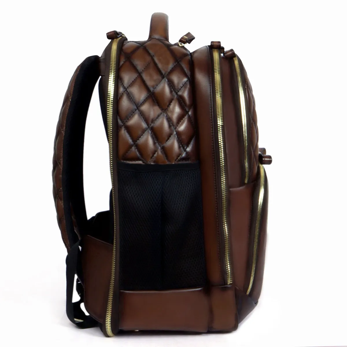 Super Functional Backpack Diamond Stitched Dark Brown Leather with Embossed Lion Logo by Brune & Bareskin