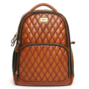 Tan Leather Backpack with Front Padded Diamond Stitched By Brune & Bareskin