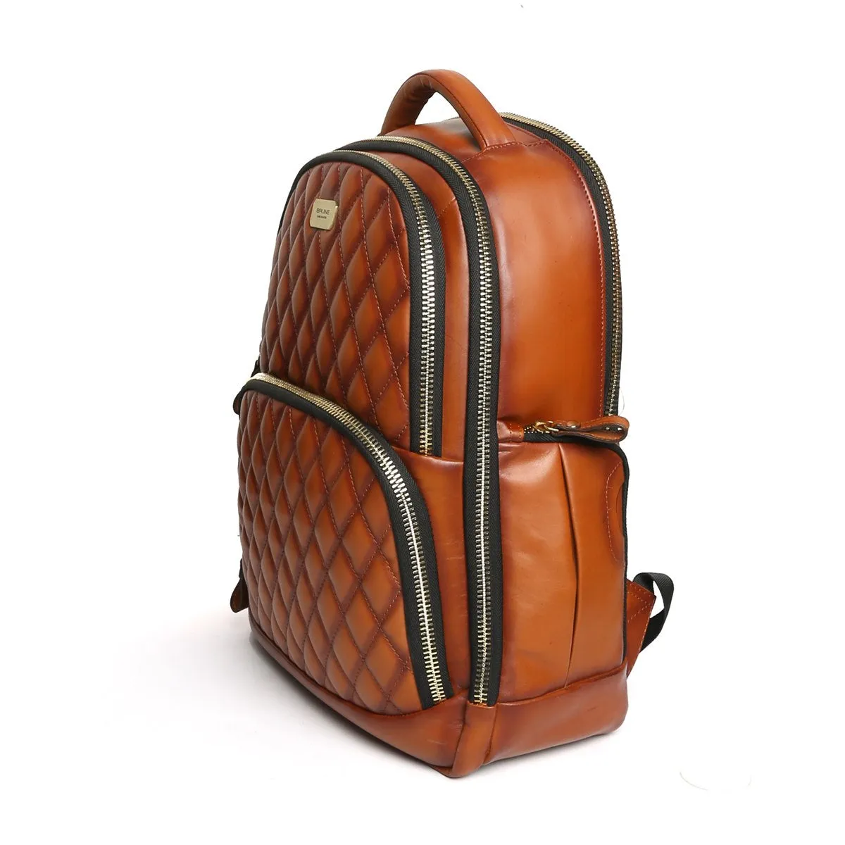 Tan Leather Backpack with Front Padded Diamond Stitched By Brune & Bareskin