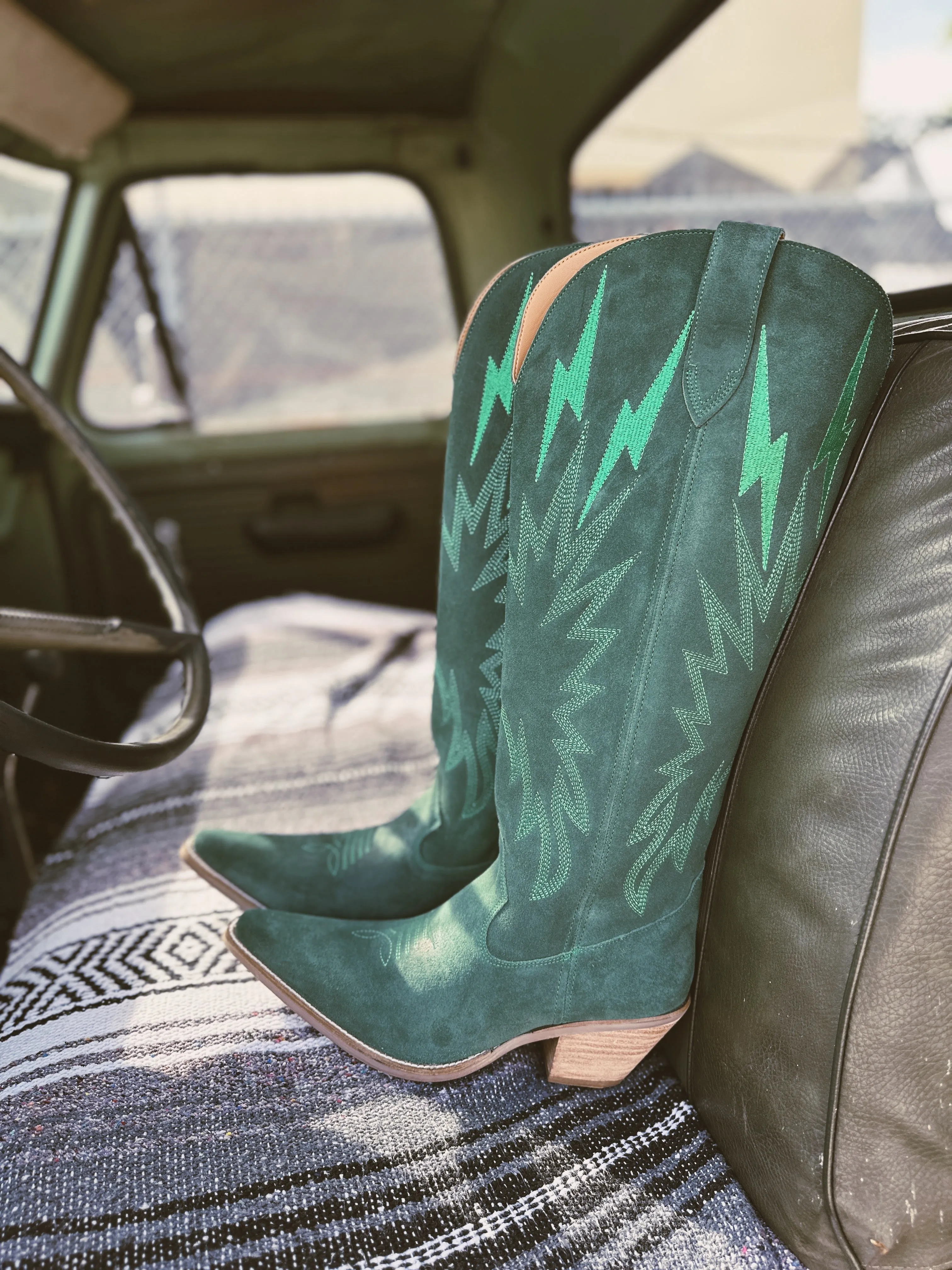 Thunder Road Green Suede Lightning Bolt Leather Boots (DS)