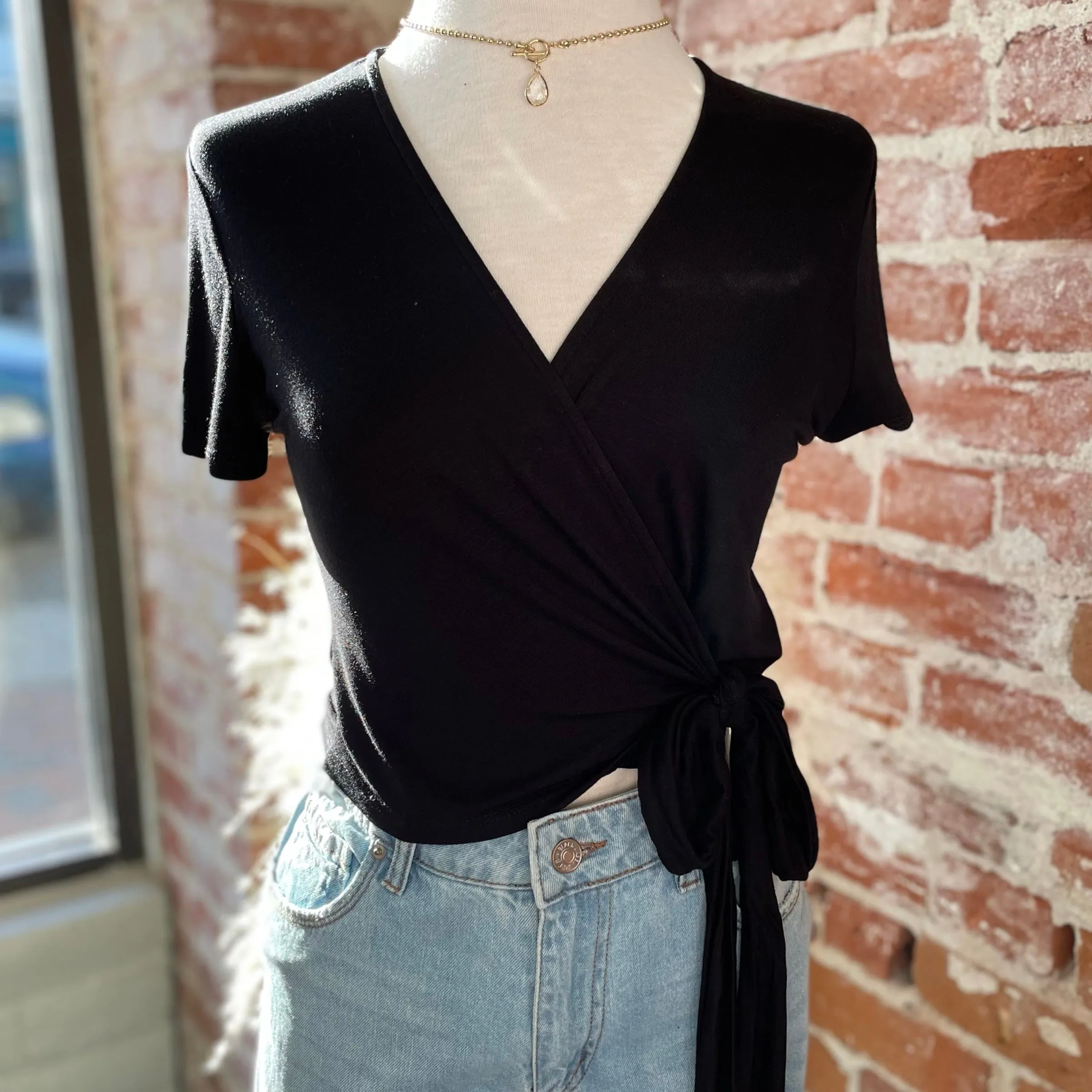 Too Cute Wrap Front Top With Side Tie Black