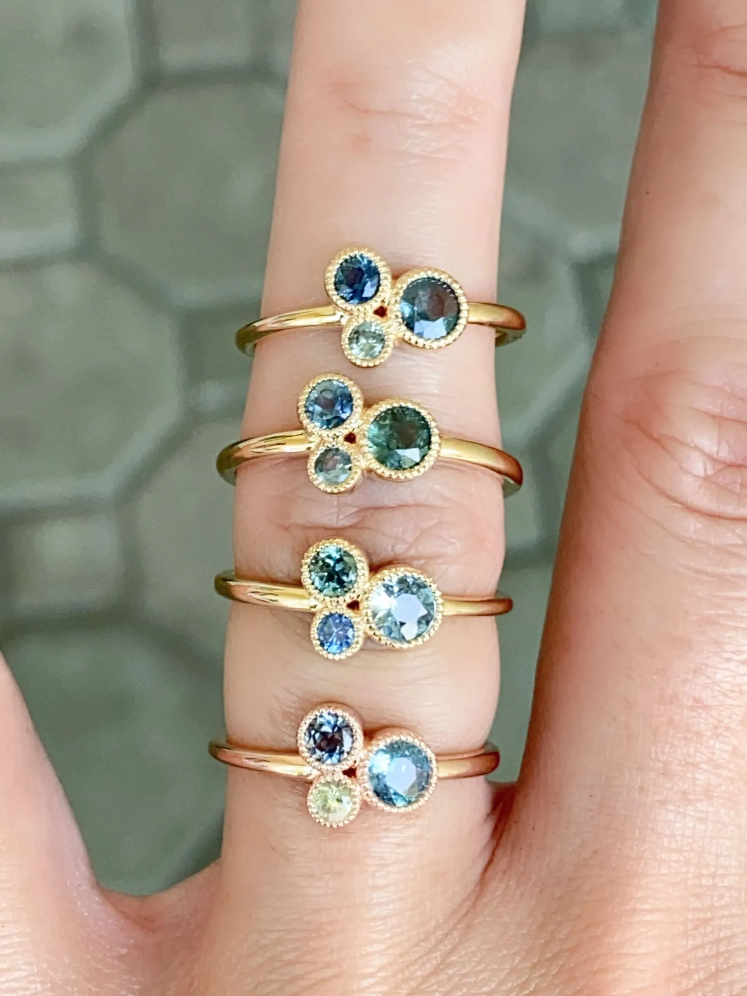 Trio Montana Sapphires Milgrain Bezel Set Stacking Ring 14K Gold R6591