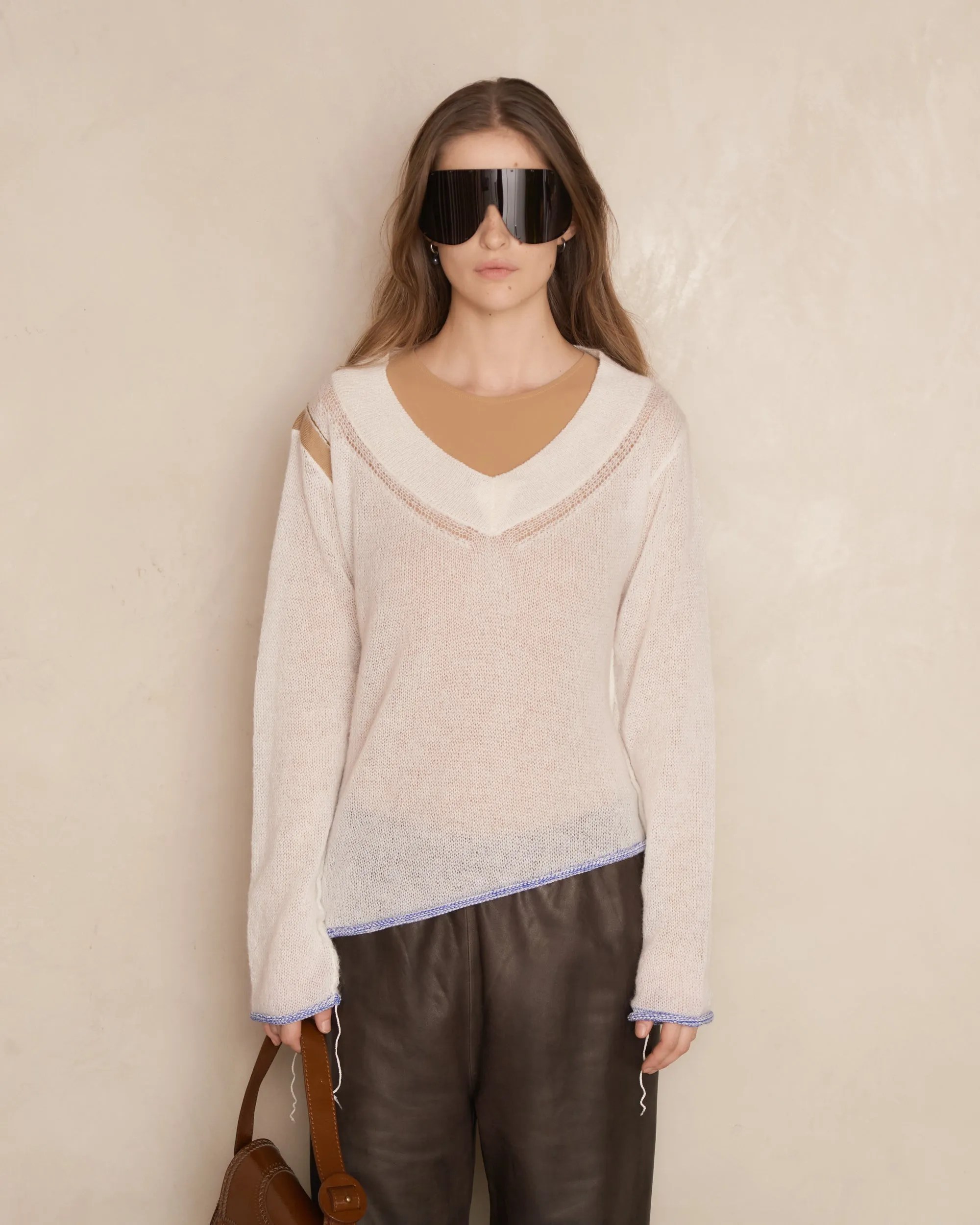 White Subversive V-Neck Knit Sweater