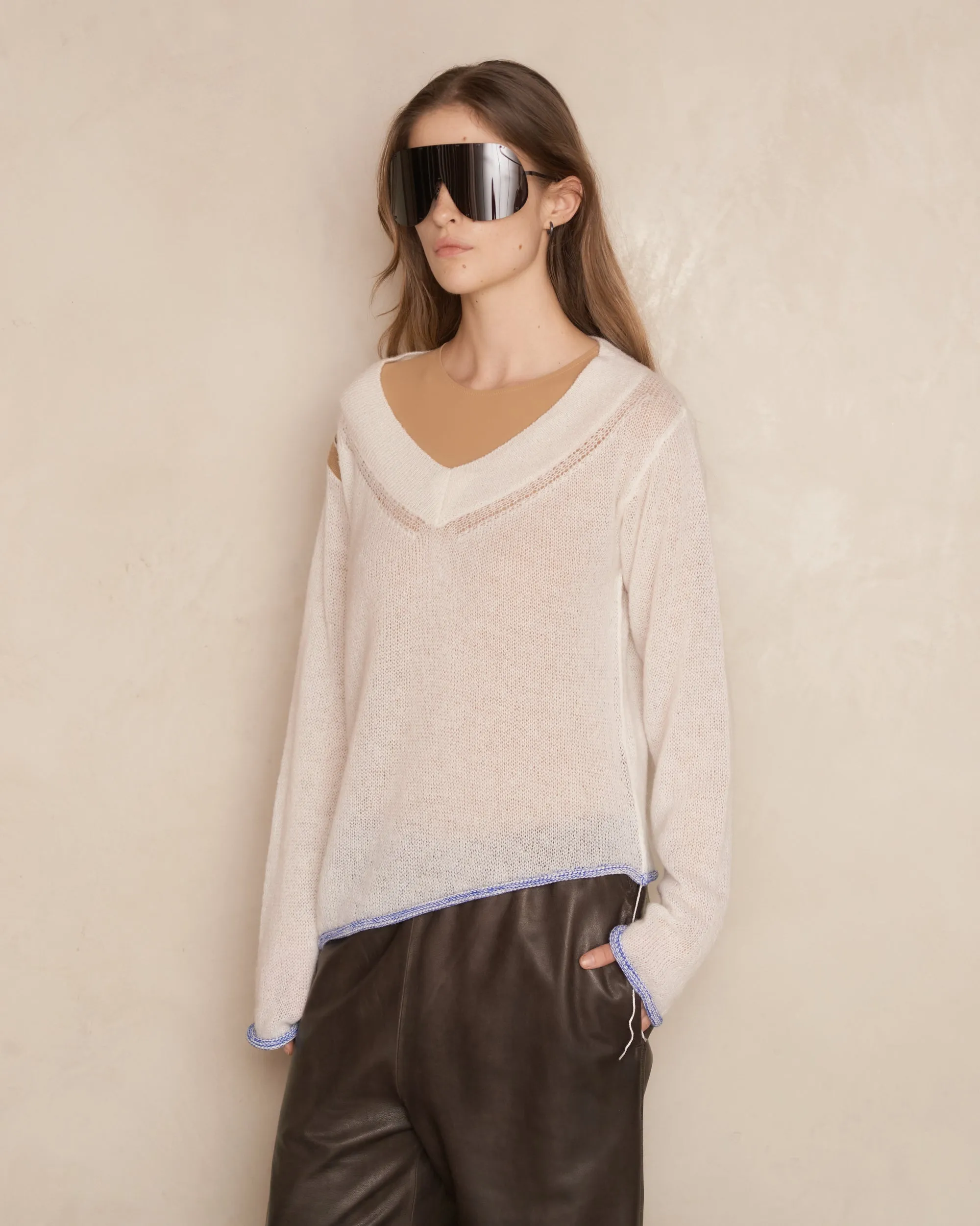 White Subversive V-Neck Knit Sweater