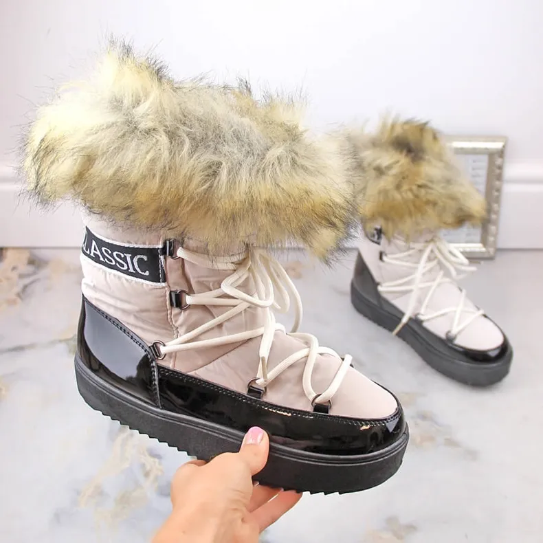 Women's platform lace-up snow boots with fur, beige Vinceza 34630