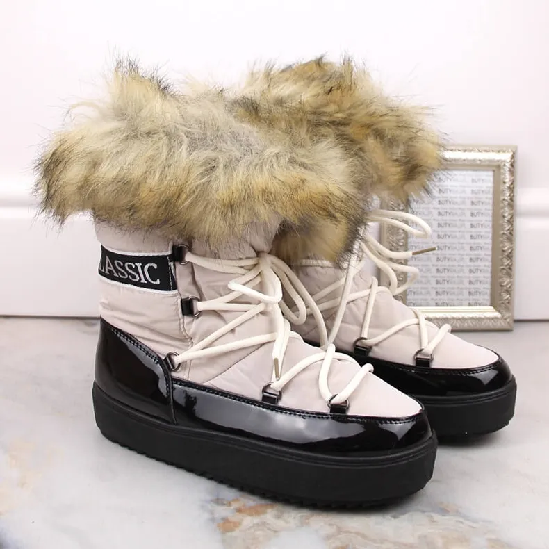 Women's platform lace-up snow boots with fur, beige Vinceza 34630