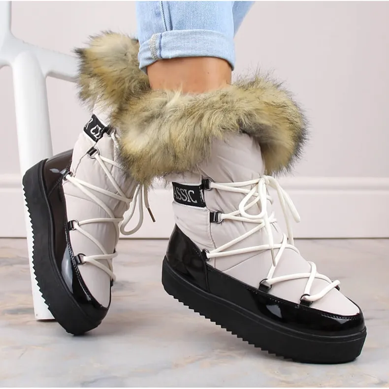 Women's platform lace-up snow boots with fur, beige Vinceza 34630