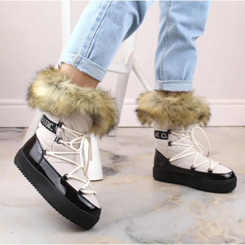 Women's platform lace-up snow boots with fur, beige Vinceza 34630