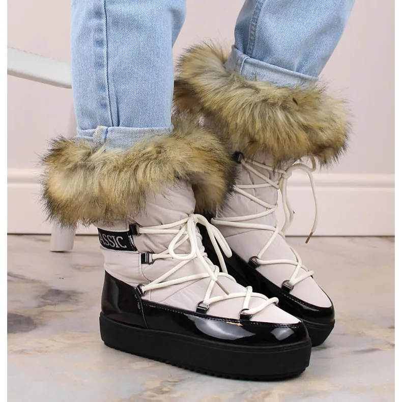 Women's platform lace-up snow boots with fur, beige Vinceza 34630