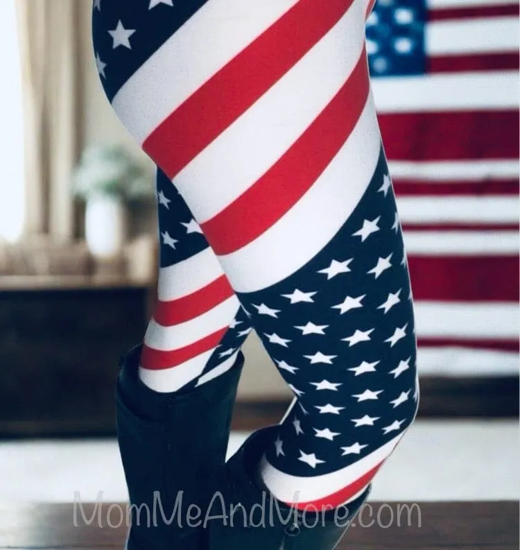 Womens American Flag Leggings, Patriotic 4th of July Pants, Sizes 0-18, No-Roll Waist, Red/White/Blue