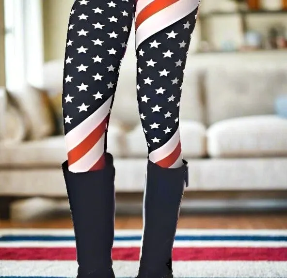 Womens American Flag Leggings, Patriotic 4th of July Pants, Sizes 0-18, No-Roll Waist, Red/White/Blue