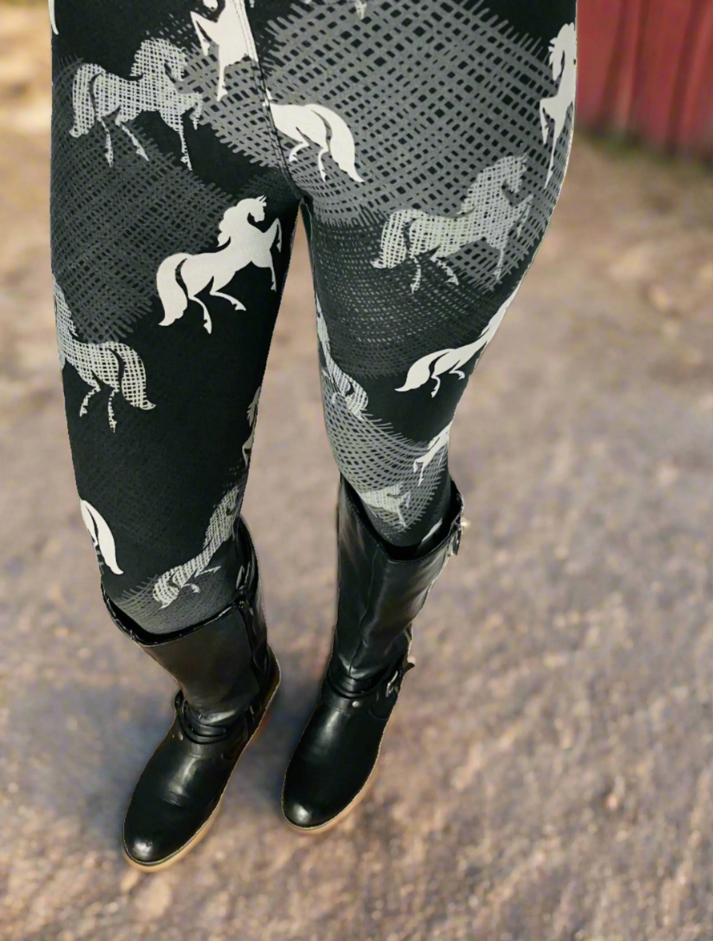 Womens Black Horse Leggings, Soft Yoga Pants, Sizes 18-22, No-Roll Waist, Black/White