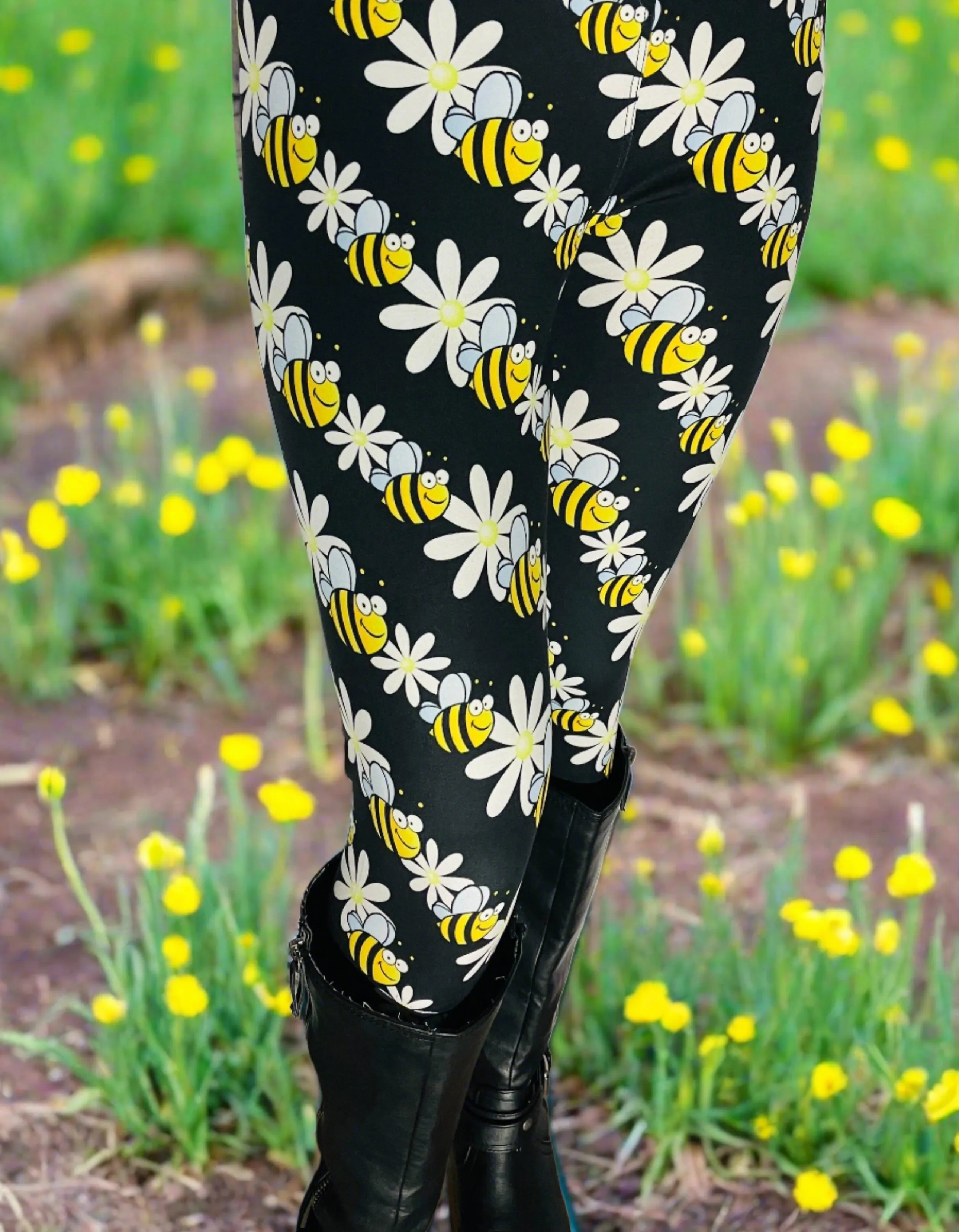 Womens Daisy Bee Leggings, Soft Yoga Pants, Sizes 0-20, Yoga Waist, Black/Yellow, Exclusive Leggings