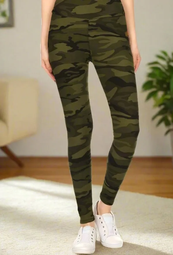 Womens Green Camouflage Leggings, Soft Yoga Pants, Sizes 0-22, Yoga Waist, Green