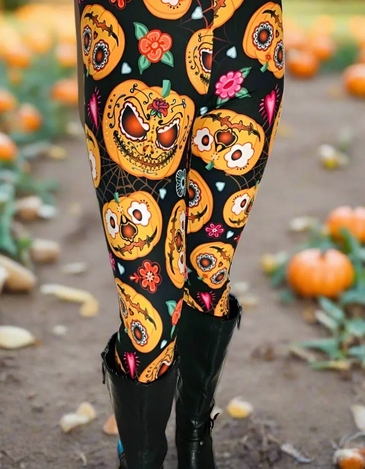 Womens Pumpkin Leggings, Soft Yoga Pants, Sizes 0-12, Yoga Waist, Black/Orange, Exclusive Leggings