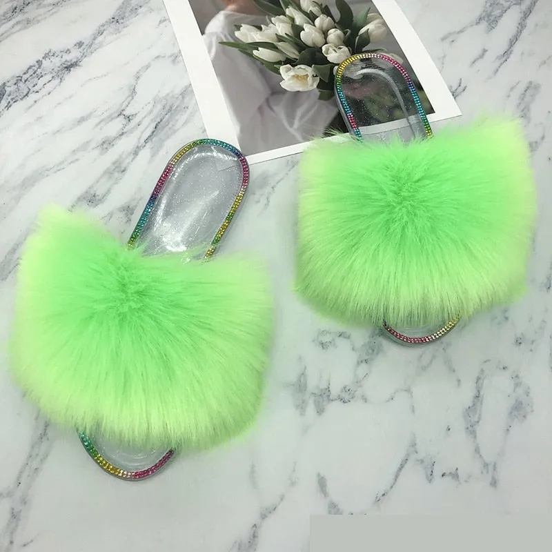 Women's Summer Fluorescent Green Synthetic Fur Slides House Slippers