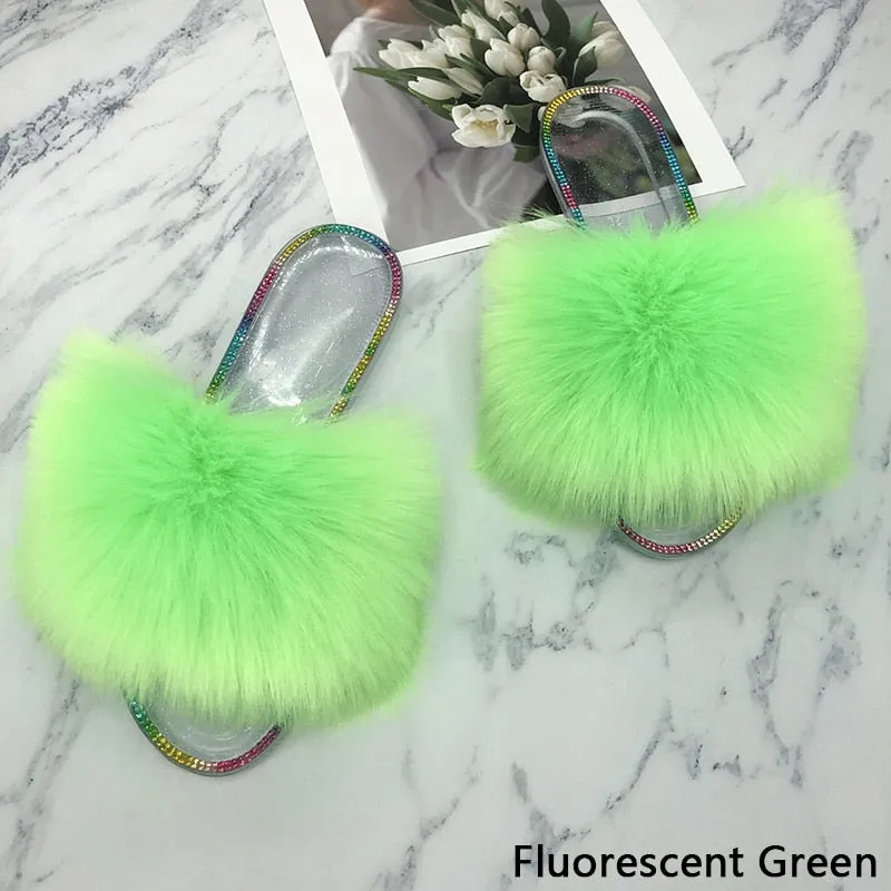 Women's Summer Fluorescent Green Synthetic Fur Slides House Slippers