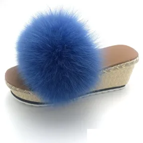 Women's Summer Luxury Royal Blue Color Real Fox Fur Wedges House Slippers