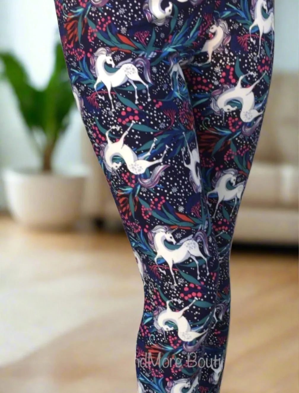 Womens Unicorn Leggings, Soft Yoga Pants, Sizes 0-20, Yoga Waist, Blue/White