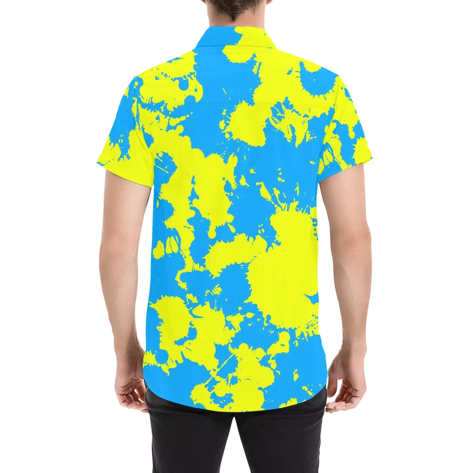 Yellow and Blue Paint Splatter Short Sleeve Button Up Shirt