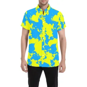 Yellow and Blue Paint Splatter Short Sleeve Button Up Shirt