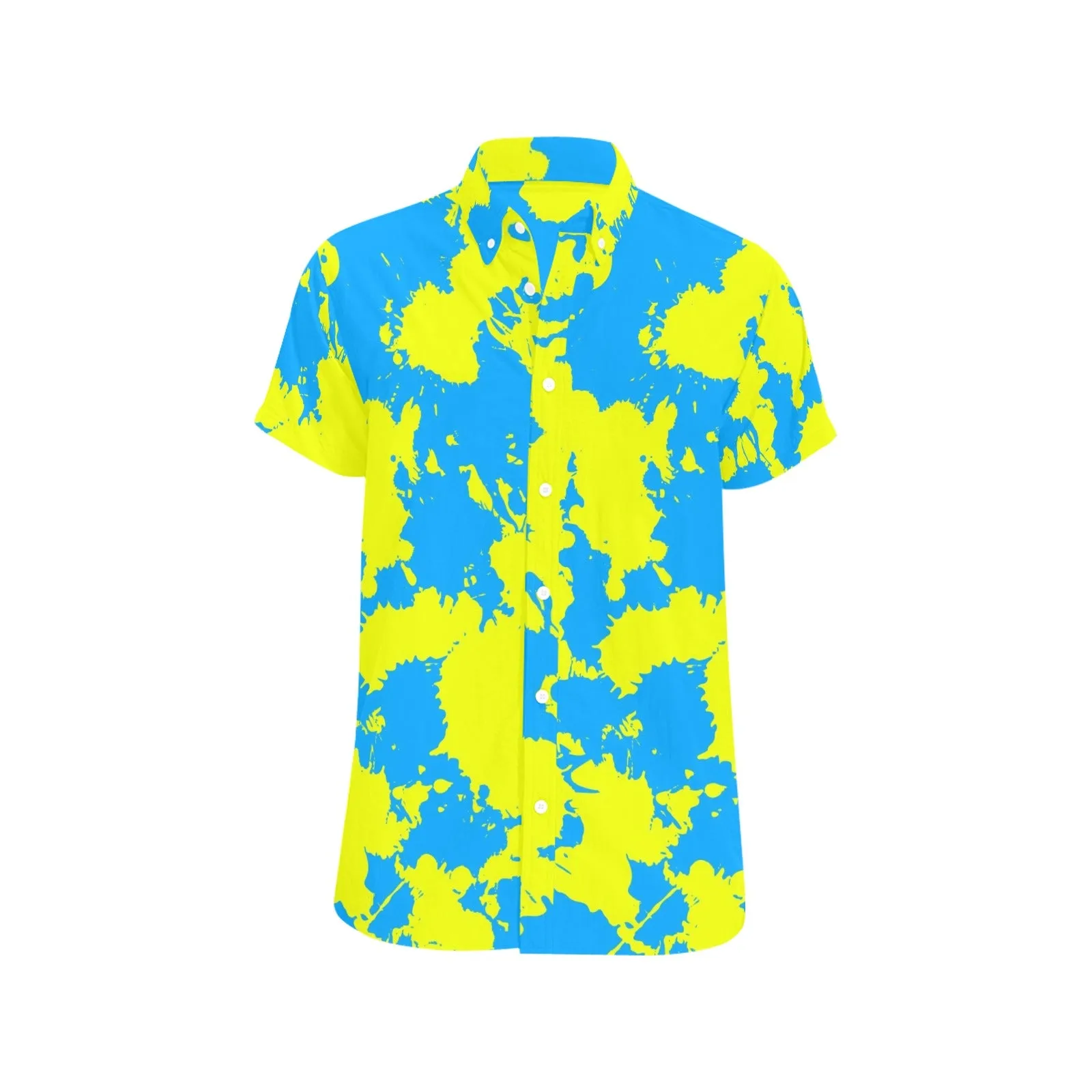 Yellow and Blue Paint Splatter Short Sleeve Button Up Shirt