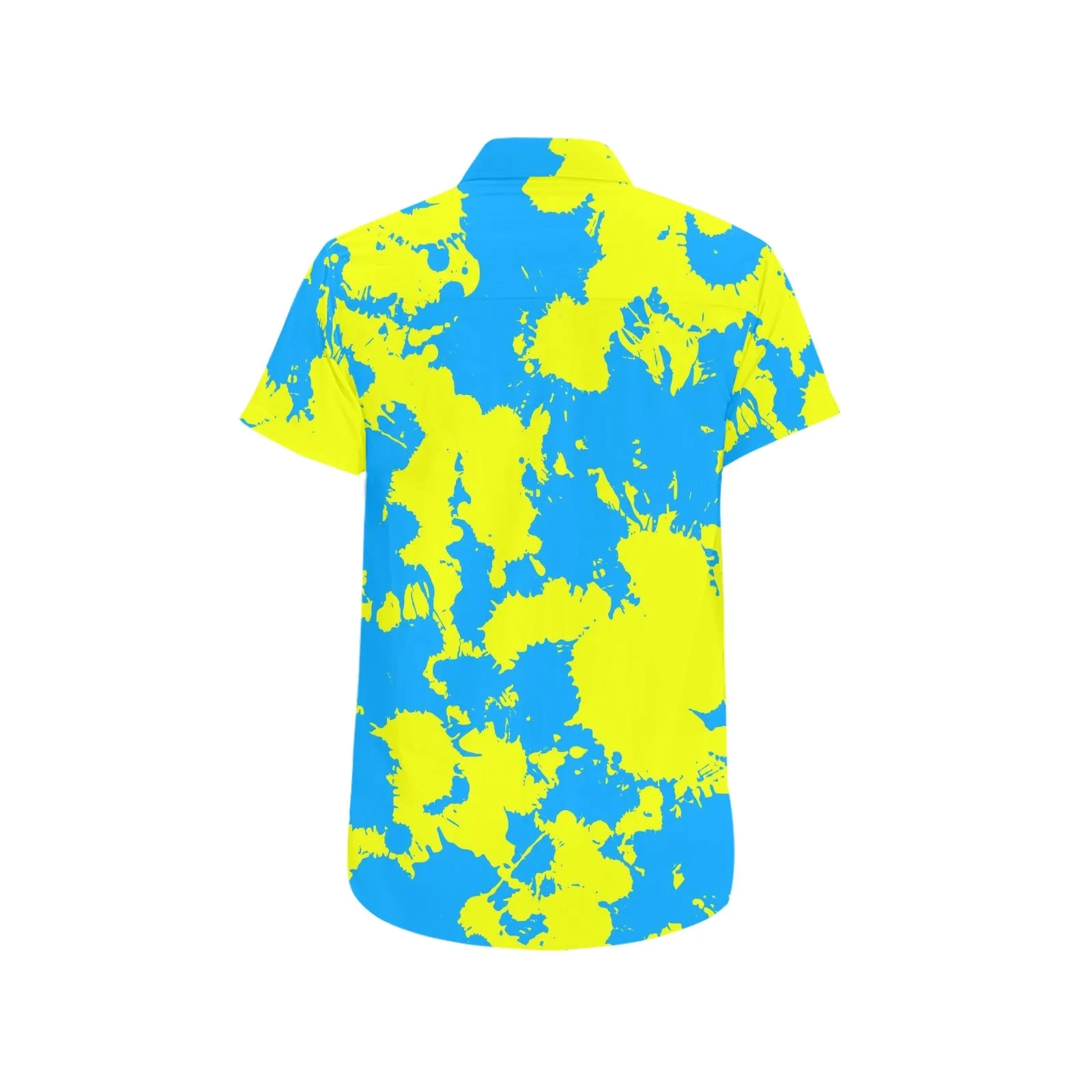 Yellow and Blue Paint Splatter Short Sleeve Button Up Shirt