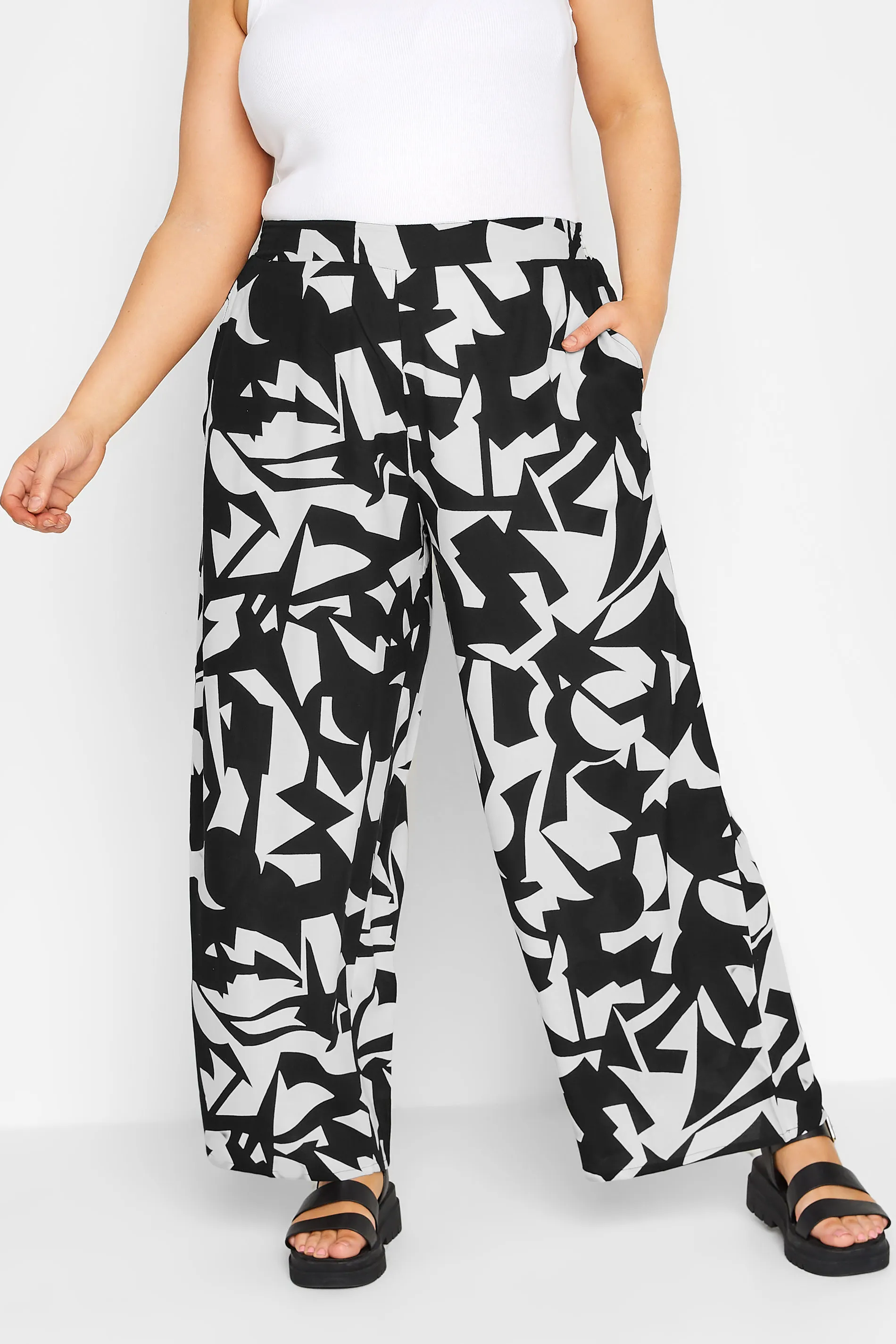 YOURS Curve Black Abstract Print Wide Leg Trousers