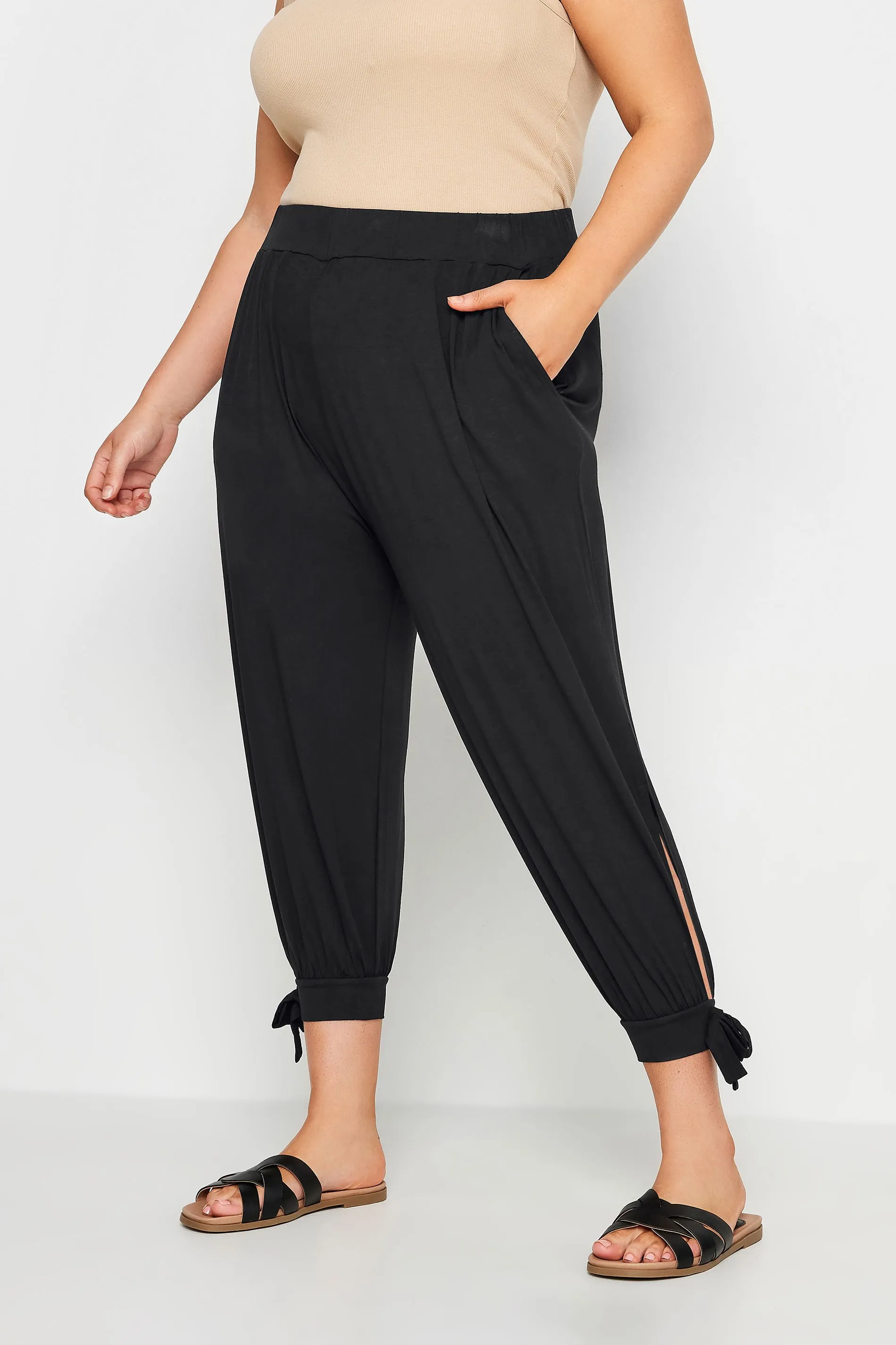 YOURS Curve Black Cropped Tie Detail Harem Trousers