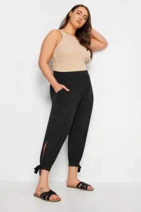 YOURS Curve Black Cropped Tie Detail Harem Trousers