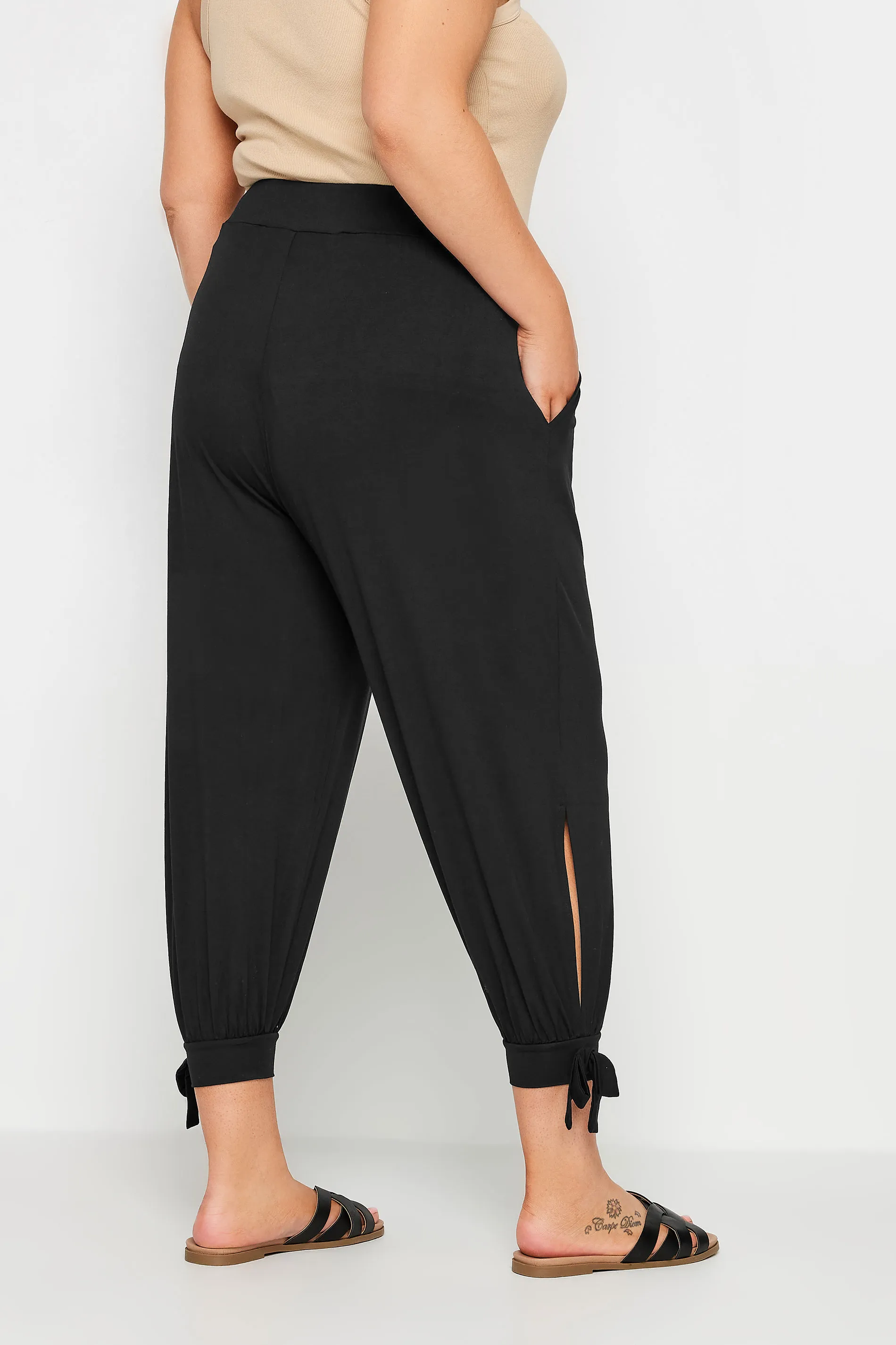 YOURS Curve Black Cropped Tie Detail Harem Trousers