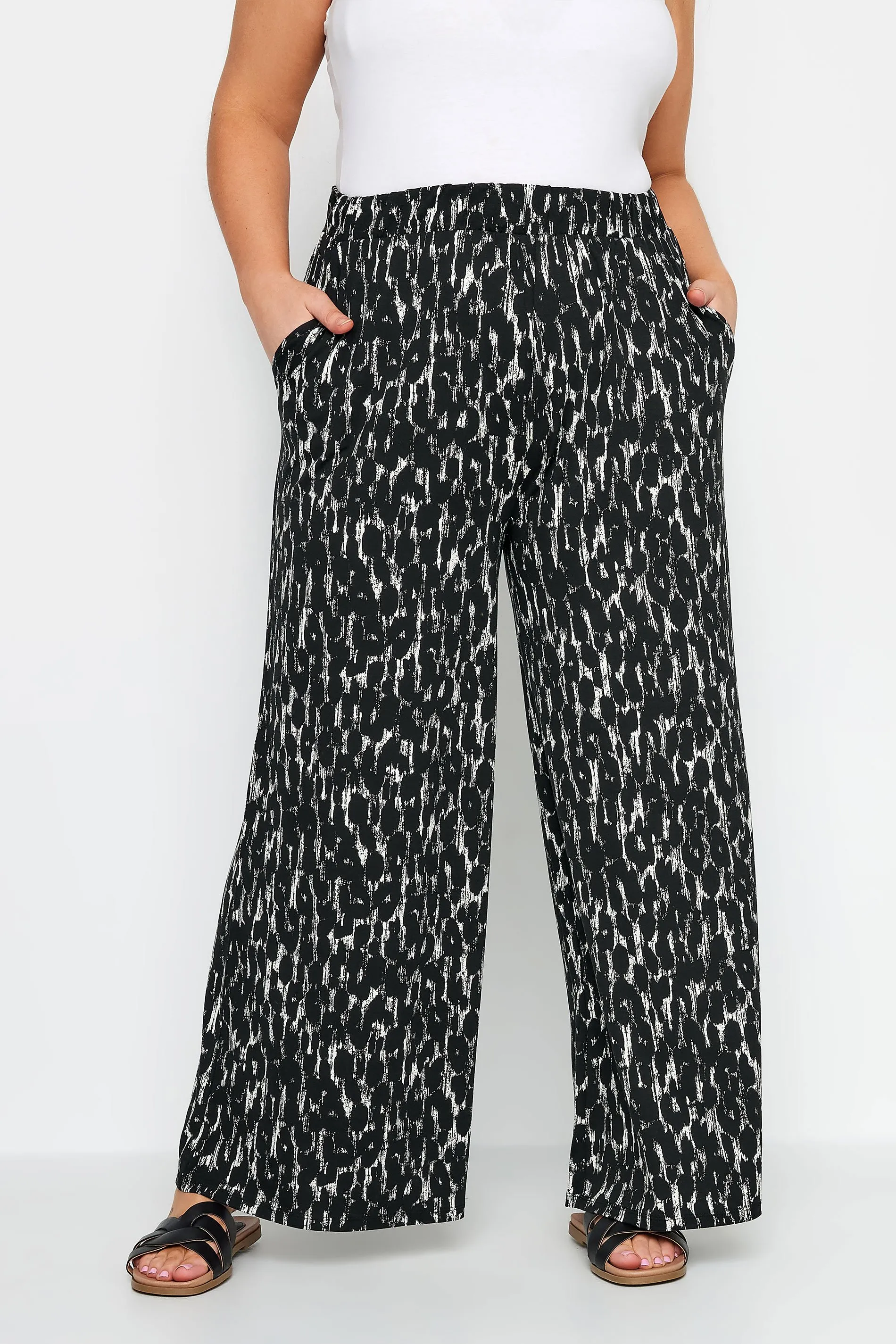 YOURS Curve Black Leopard Print Wide Leg Trousers