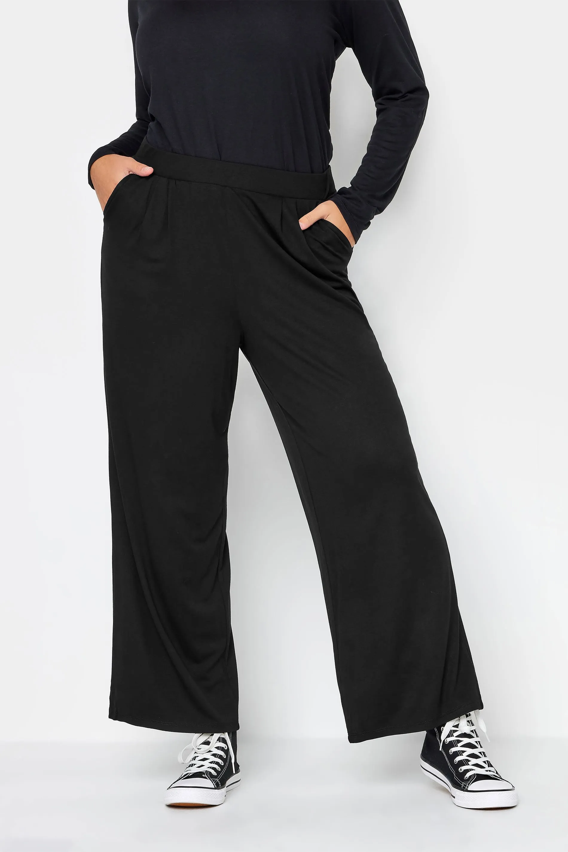 YOURS Curve Black Pleated Wide Leg Stretch Trousers